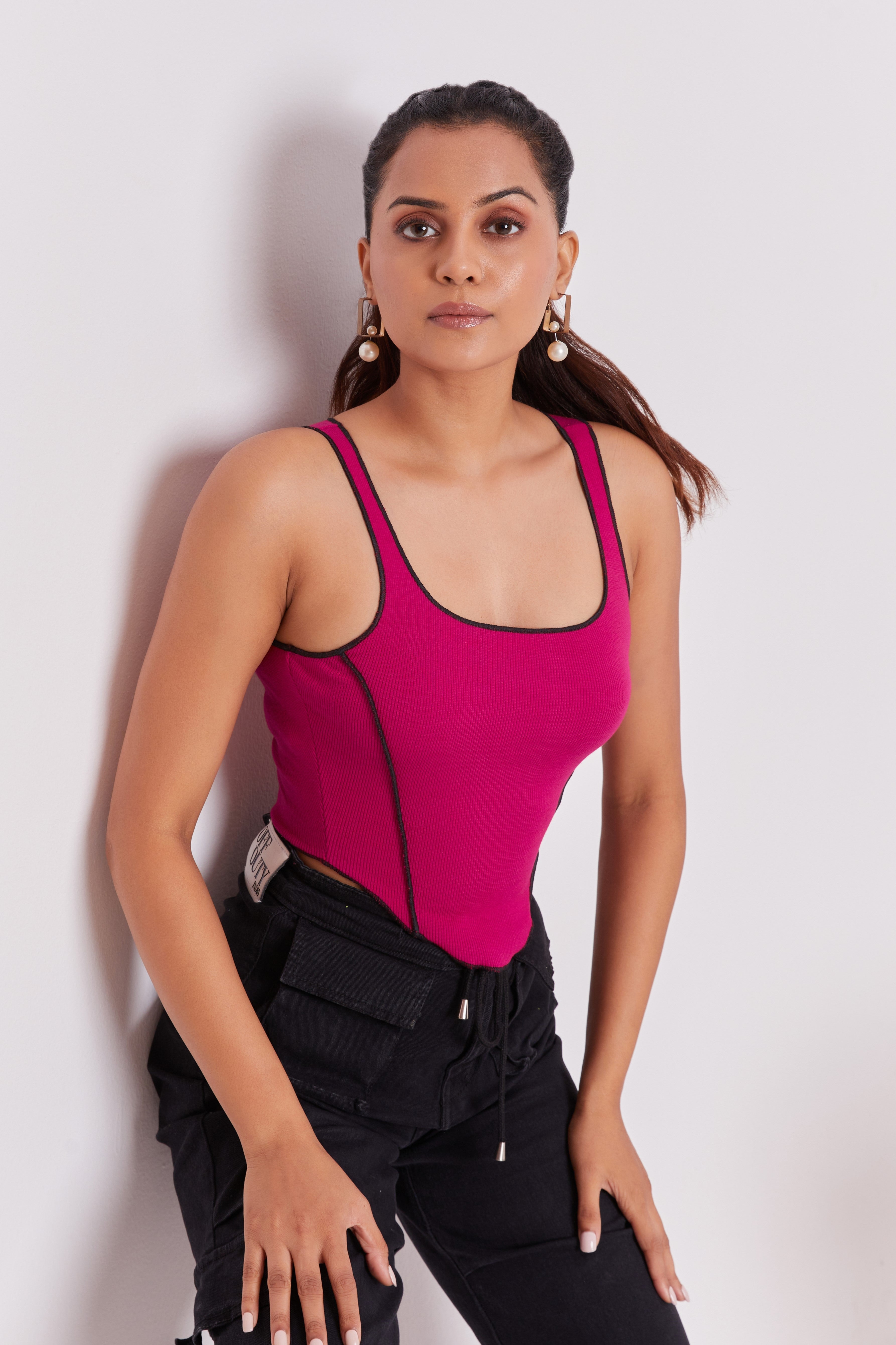 Pink Contrast Stitch Tank Top