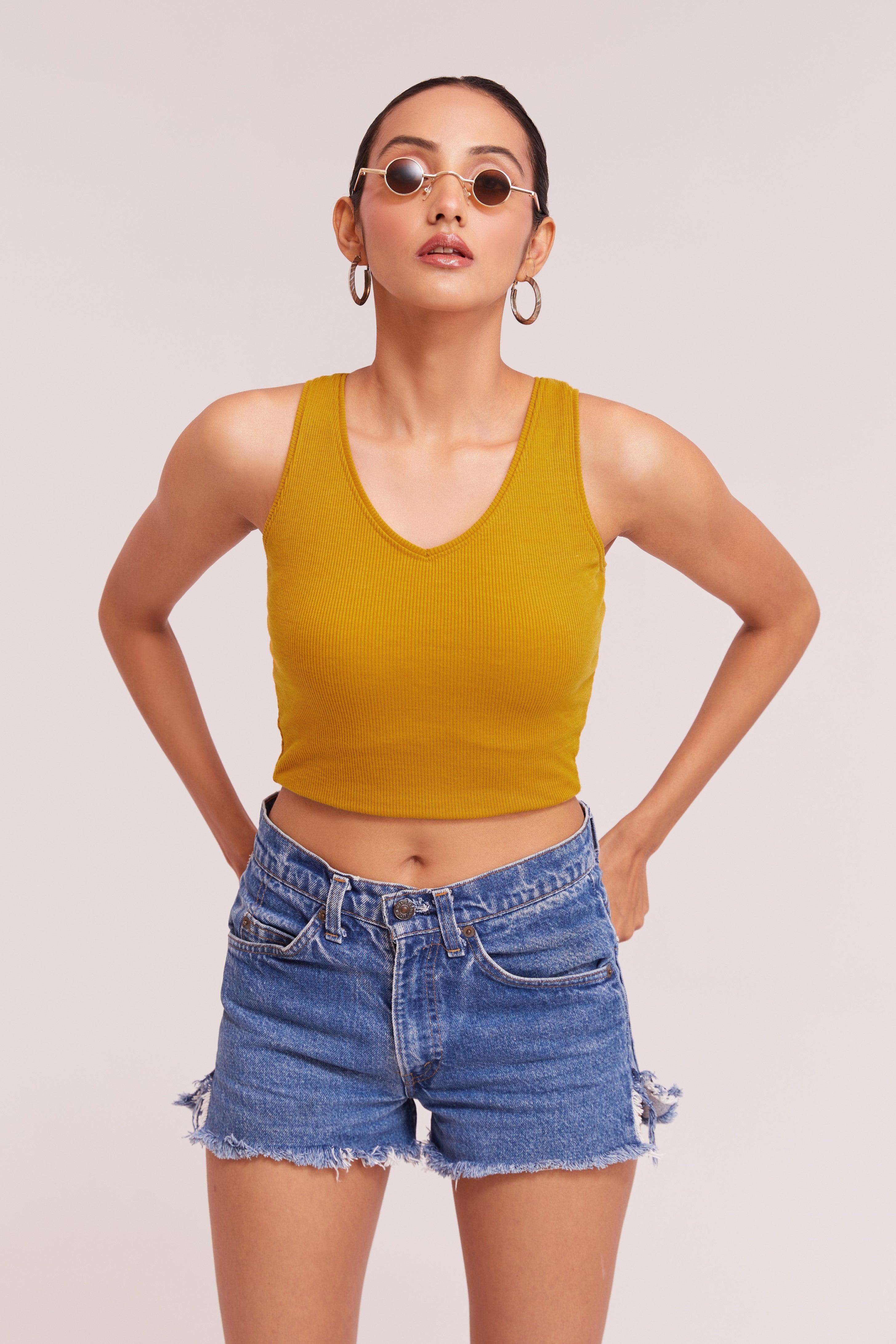 Mustard Yellow Ribbed Scoop Neck Sleeveless Crop Top