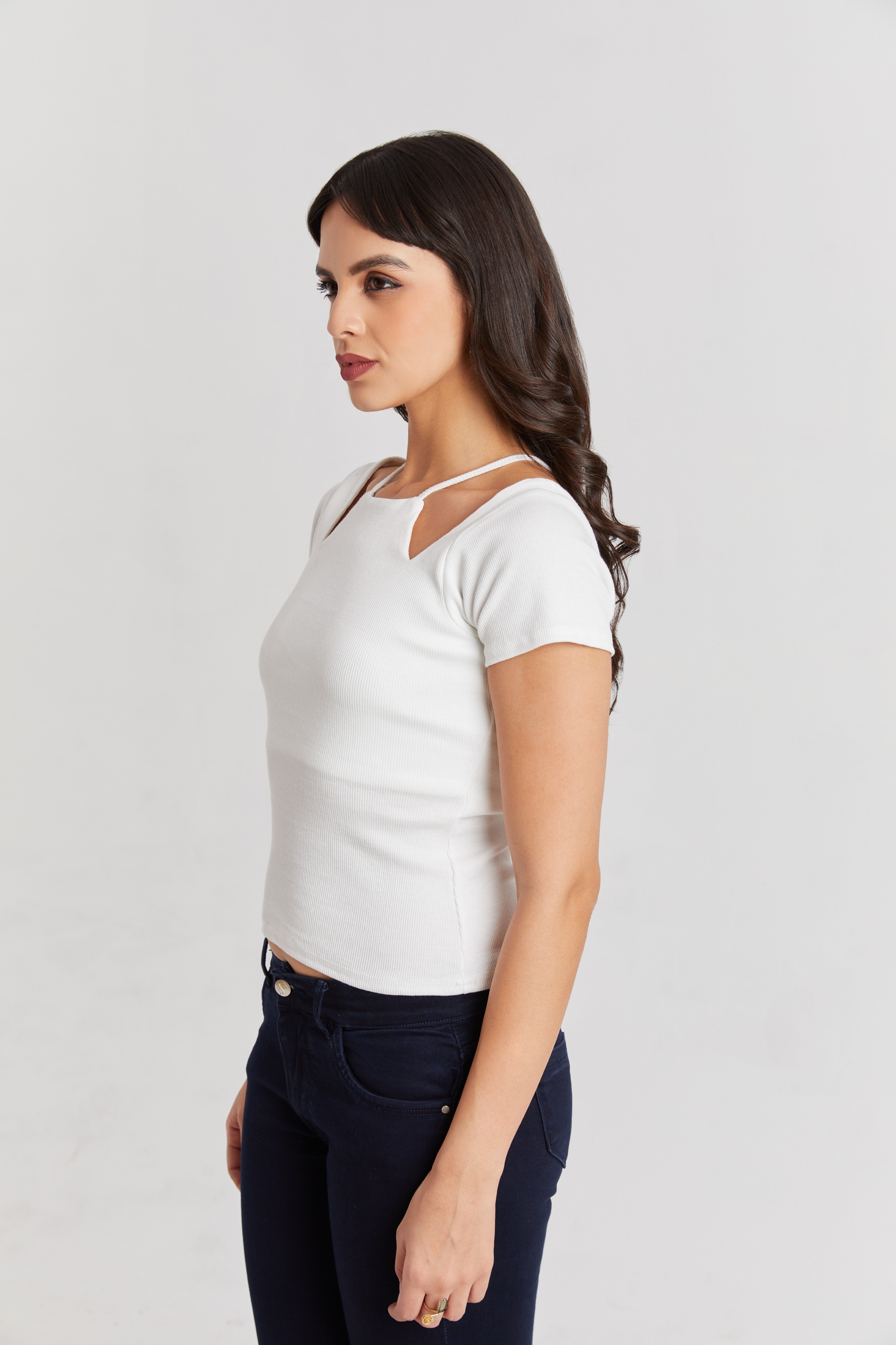Midnight White Ribbed Cutout Top