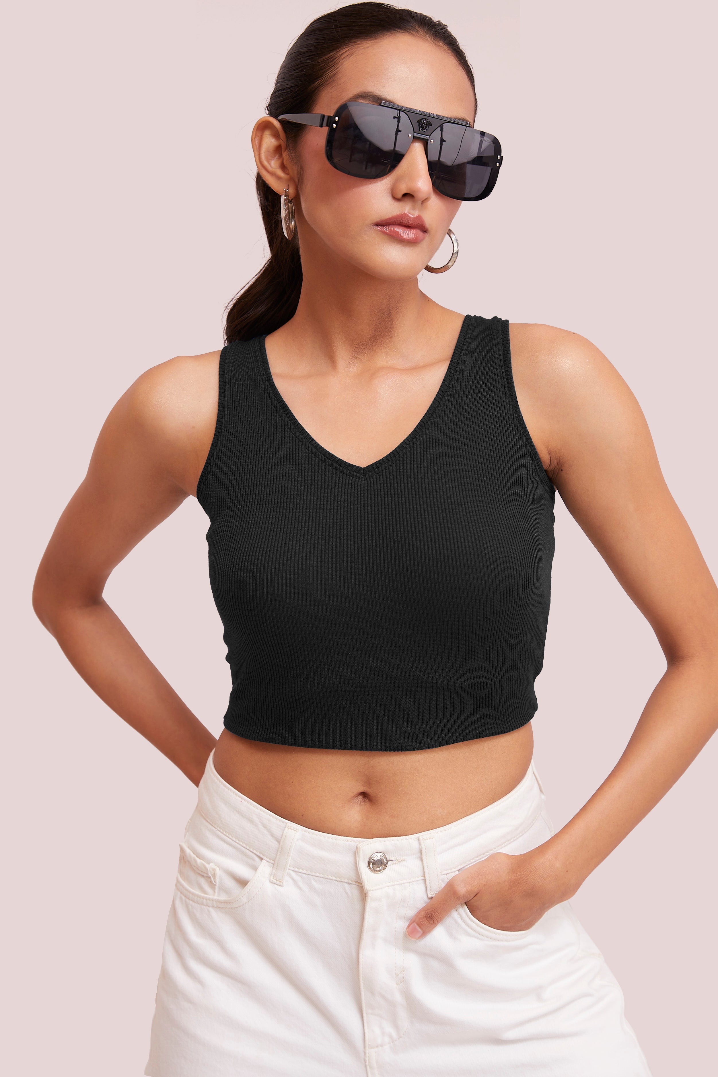 Lavender Ribbed V-Neck Sleeveless Crop Top