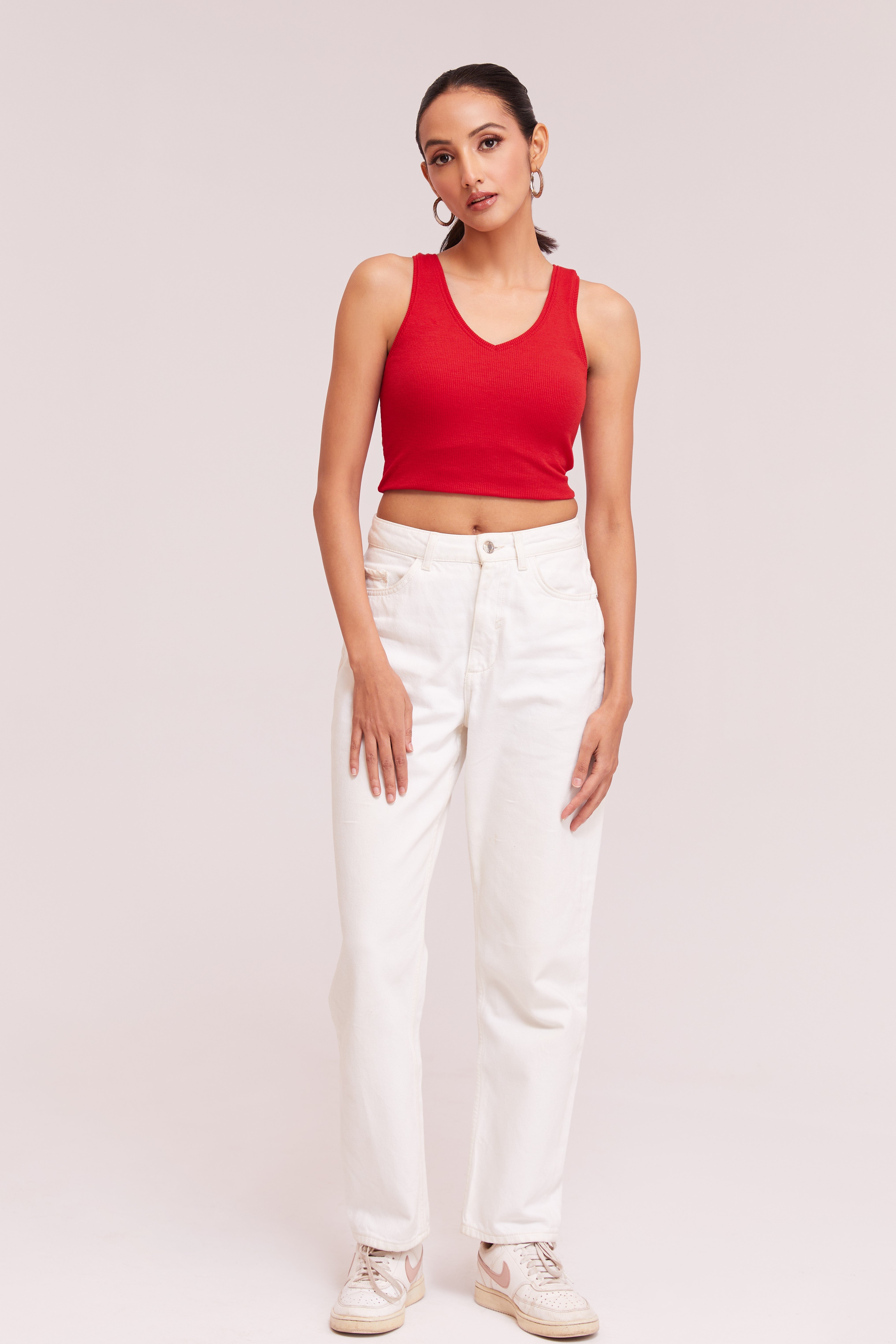 Black Ribbed V-Neck Sleeveless Crop Top
