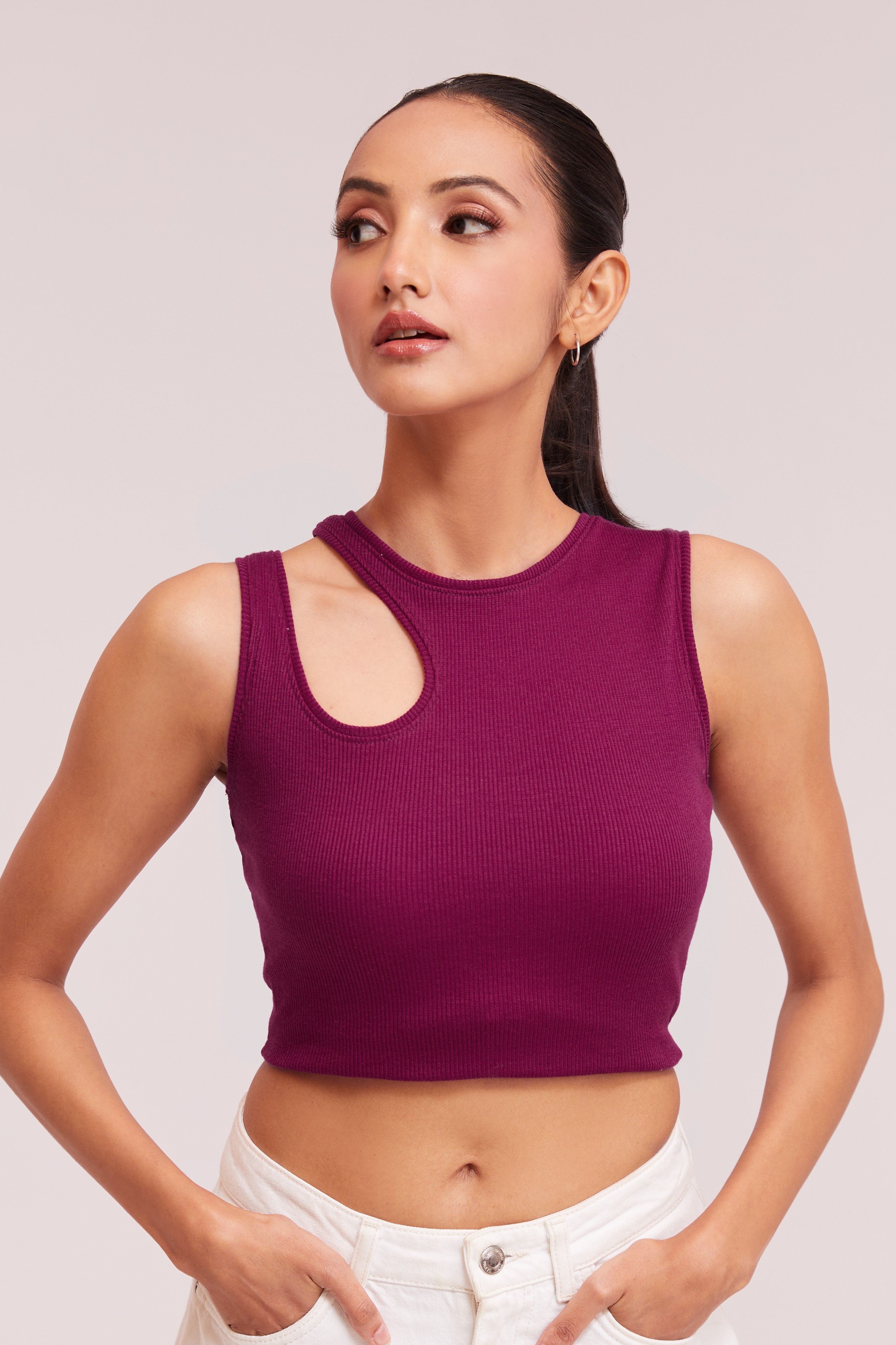 Orange & White-Ribbed Sleeveless Cut-Out Tank Top