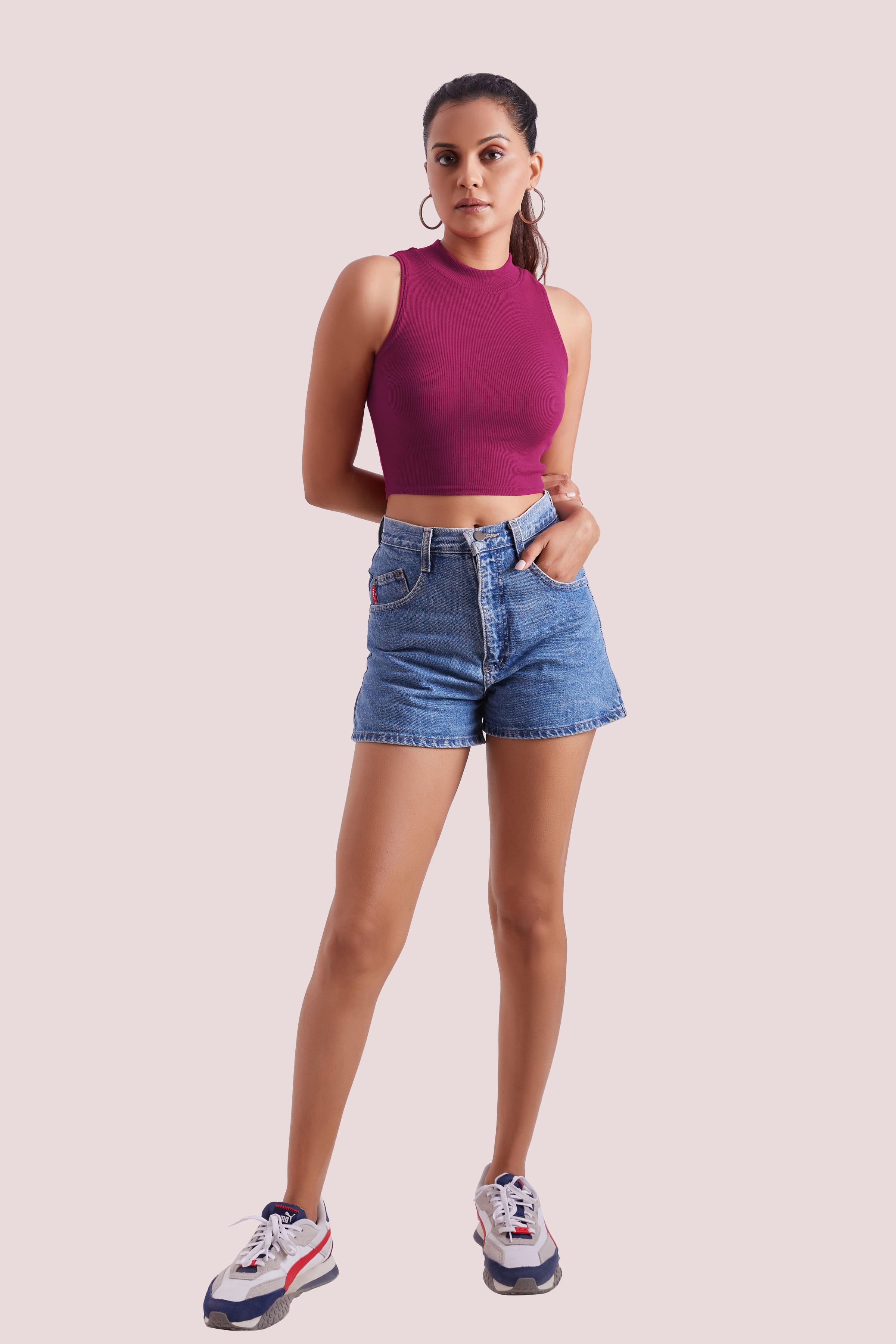 Wine Ribbed High Neck Sleeveless Crop Top
