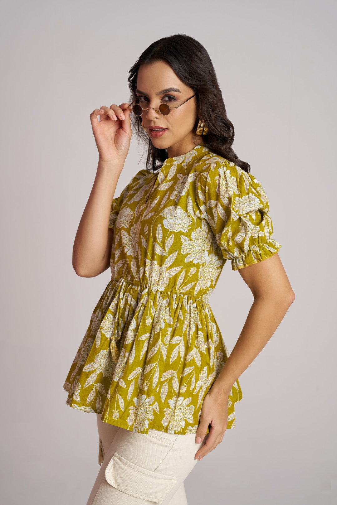 Olive Bloom Puff Sleeve Peplum Top