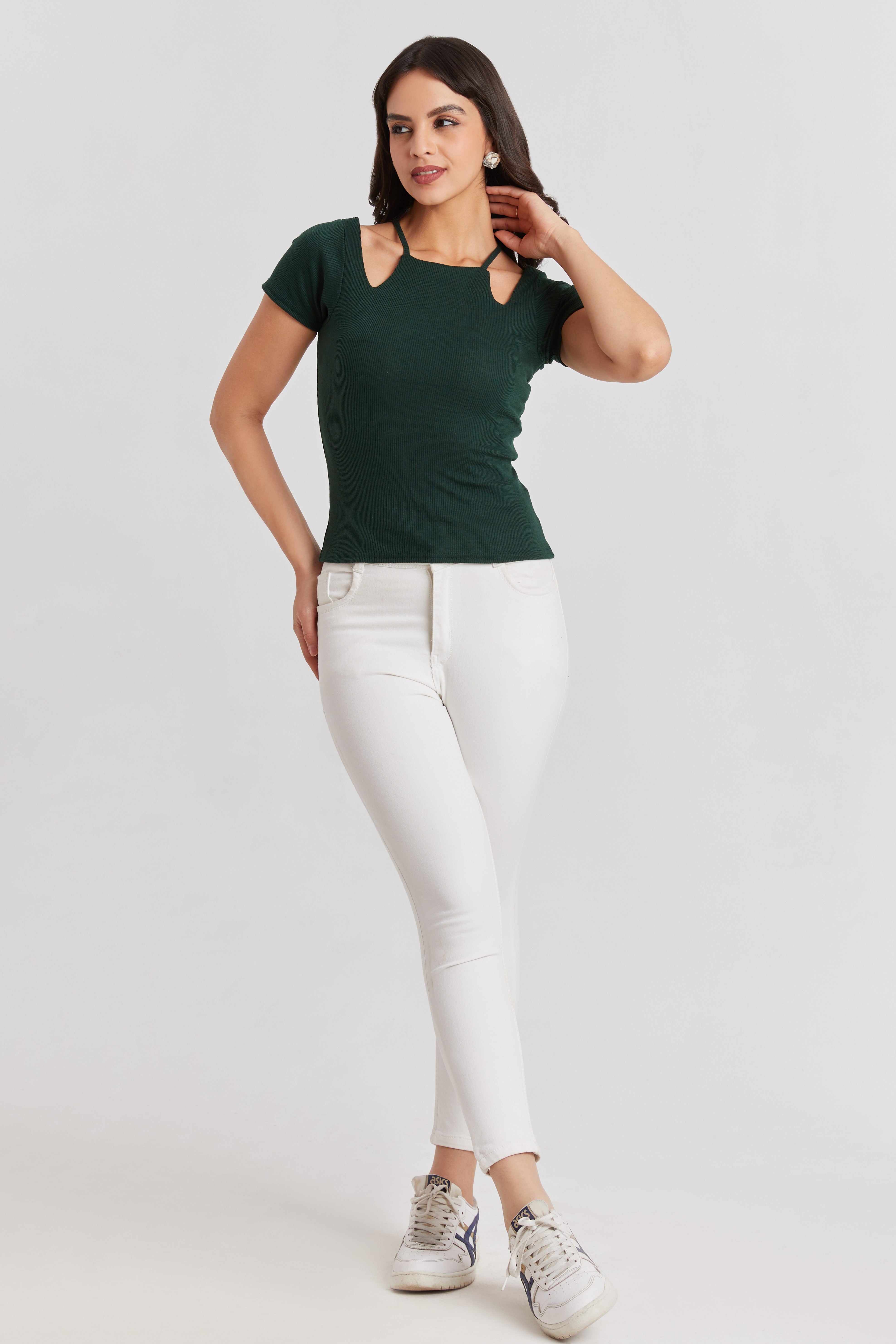 Midnight Forest Green Ribbed Cutout Top