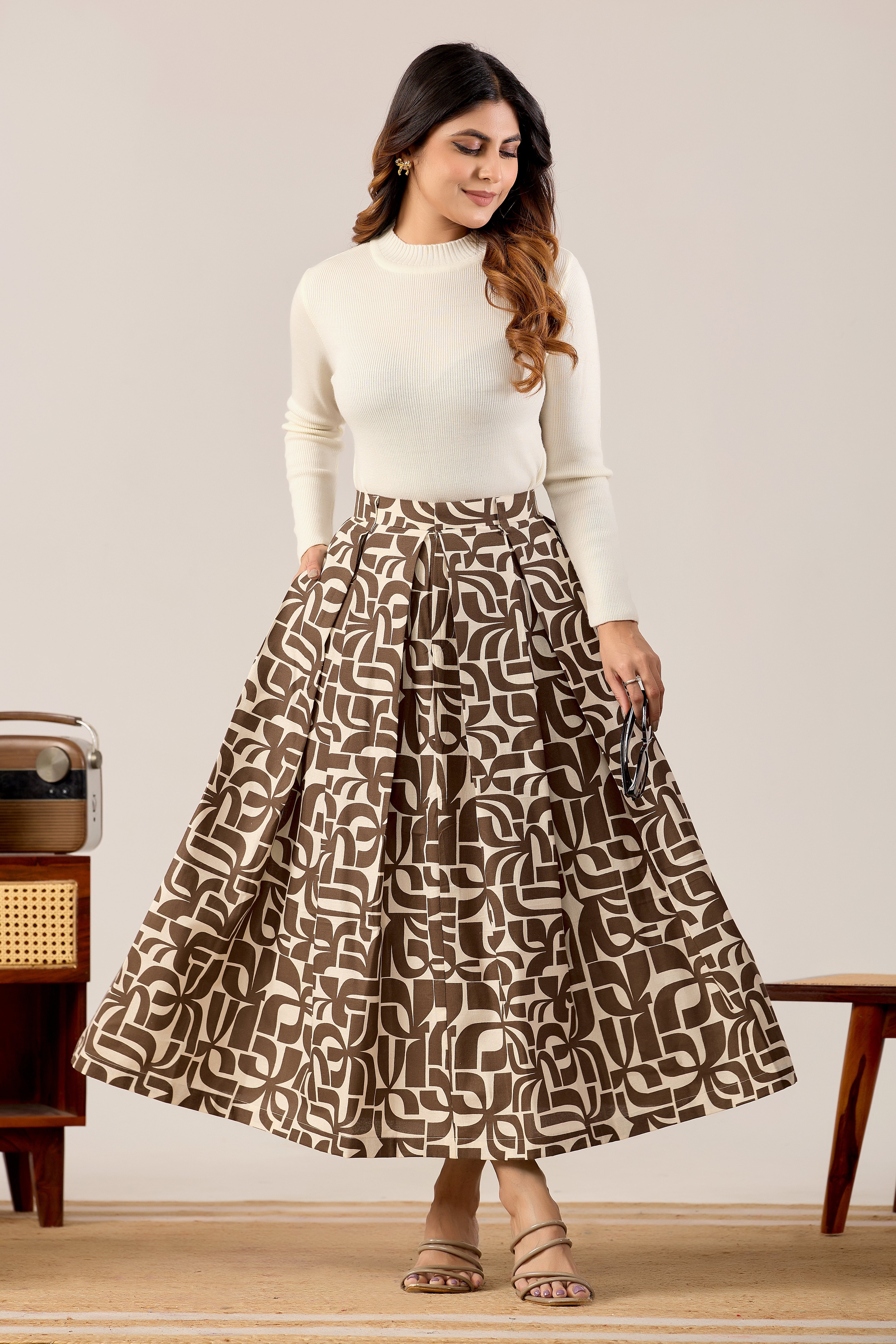 Cocoa Geometry Pleated Midi Skirt