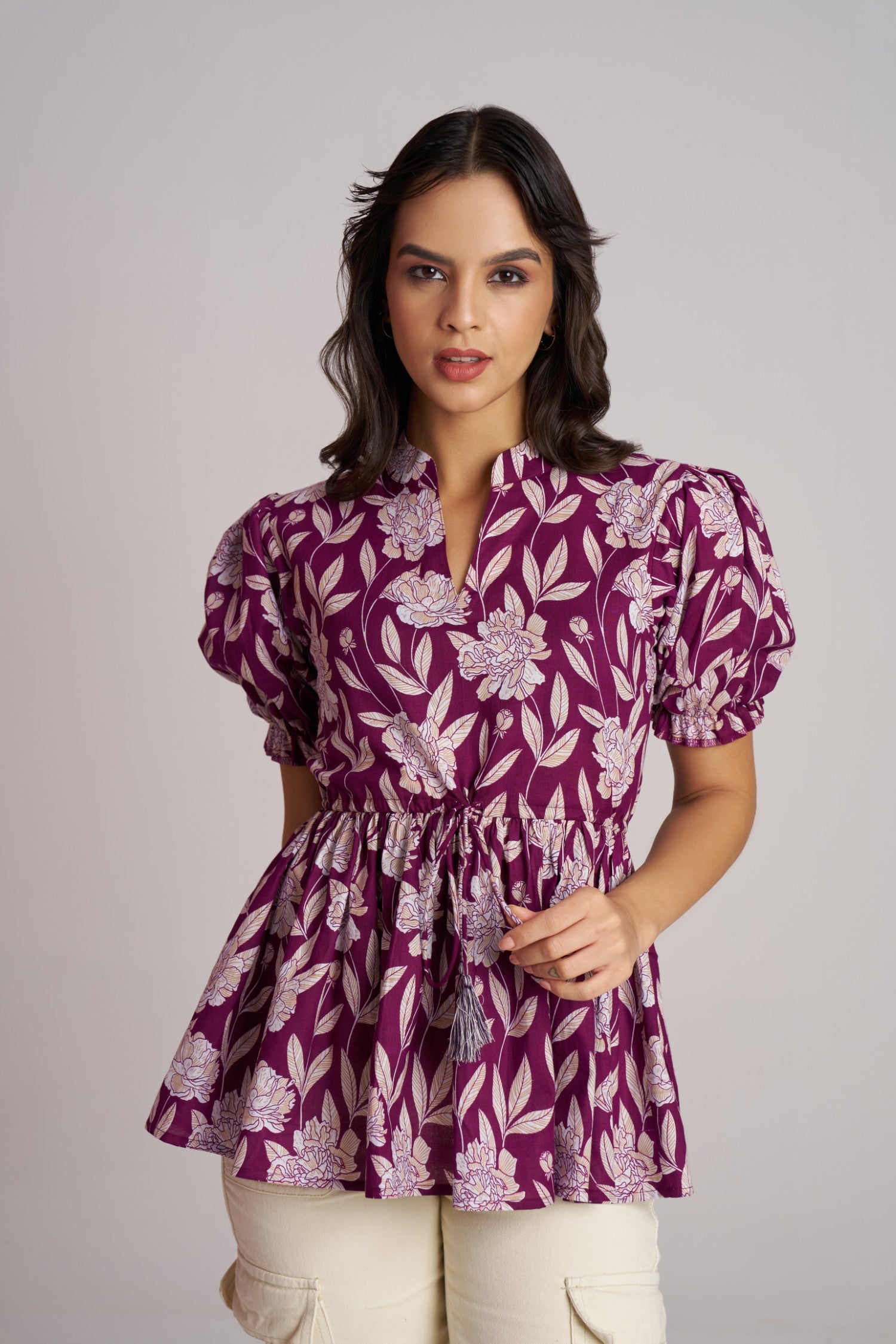 Olive Bloom Puff Sleeve Peplum Top