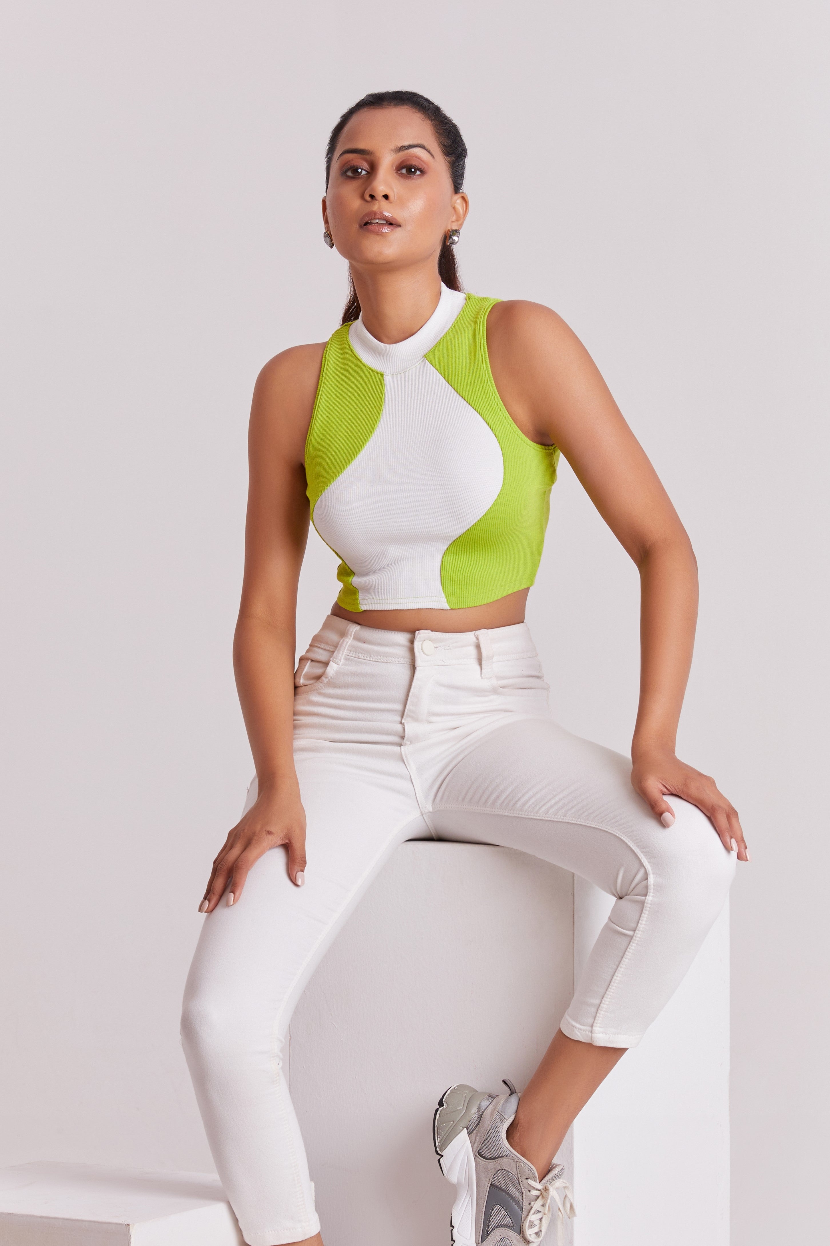 Neon & White Ribbed High Neck Sleeveless Crop Top