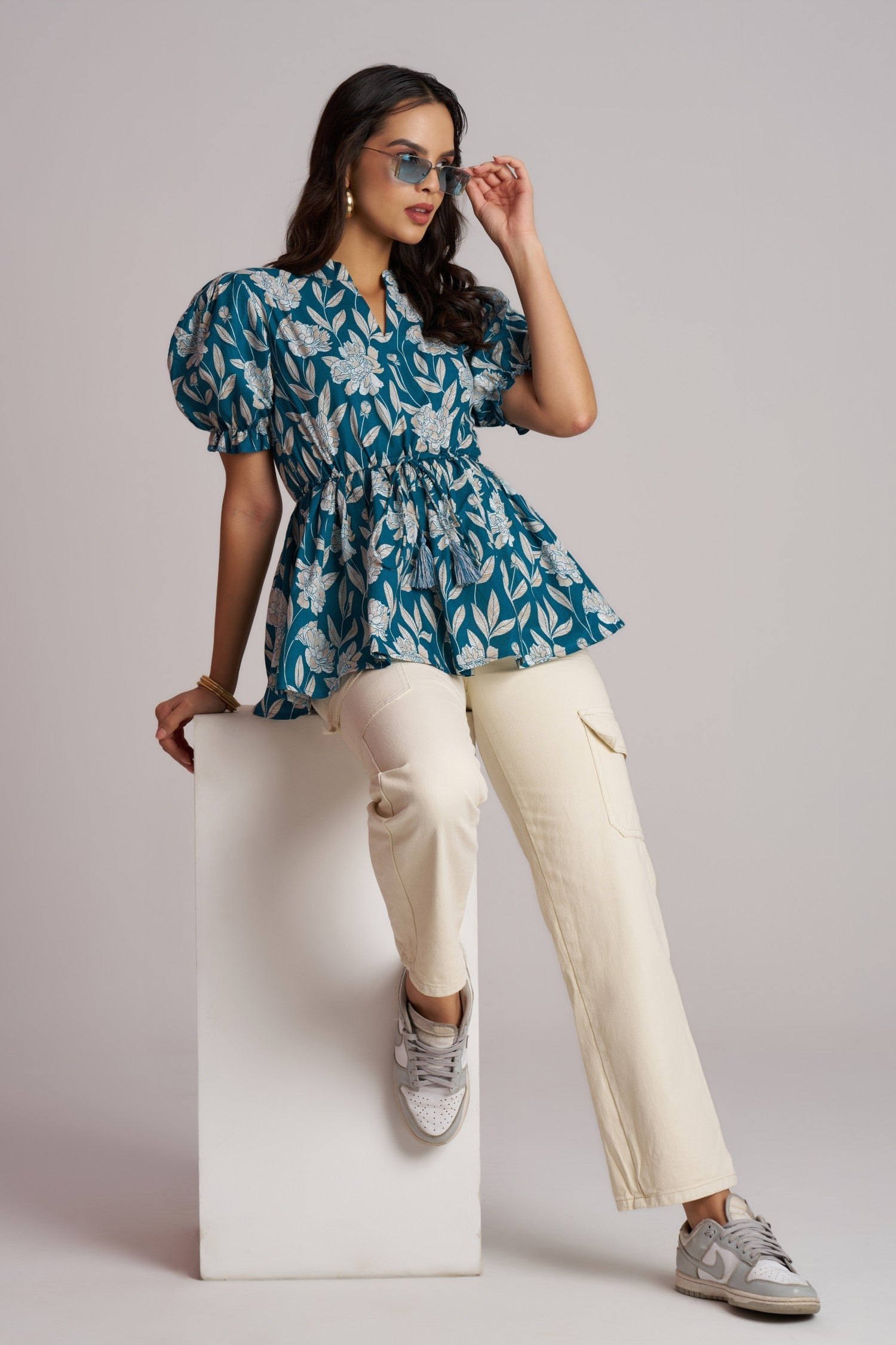 Teal Bloom Puff Sleeve Peplum Top