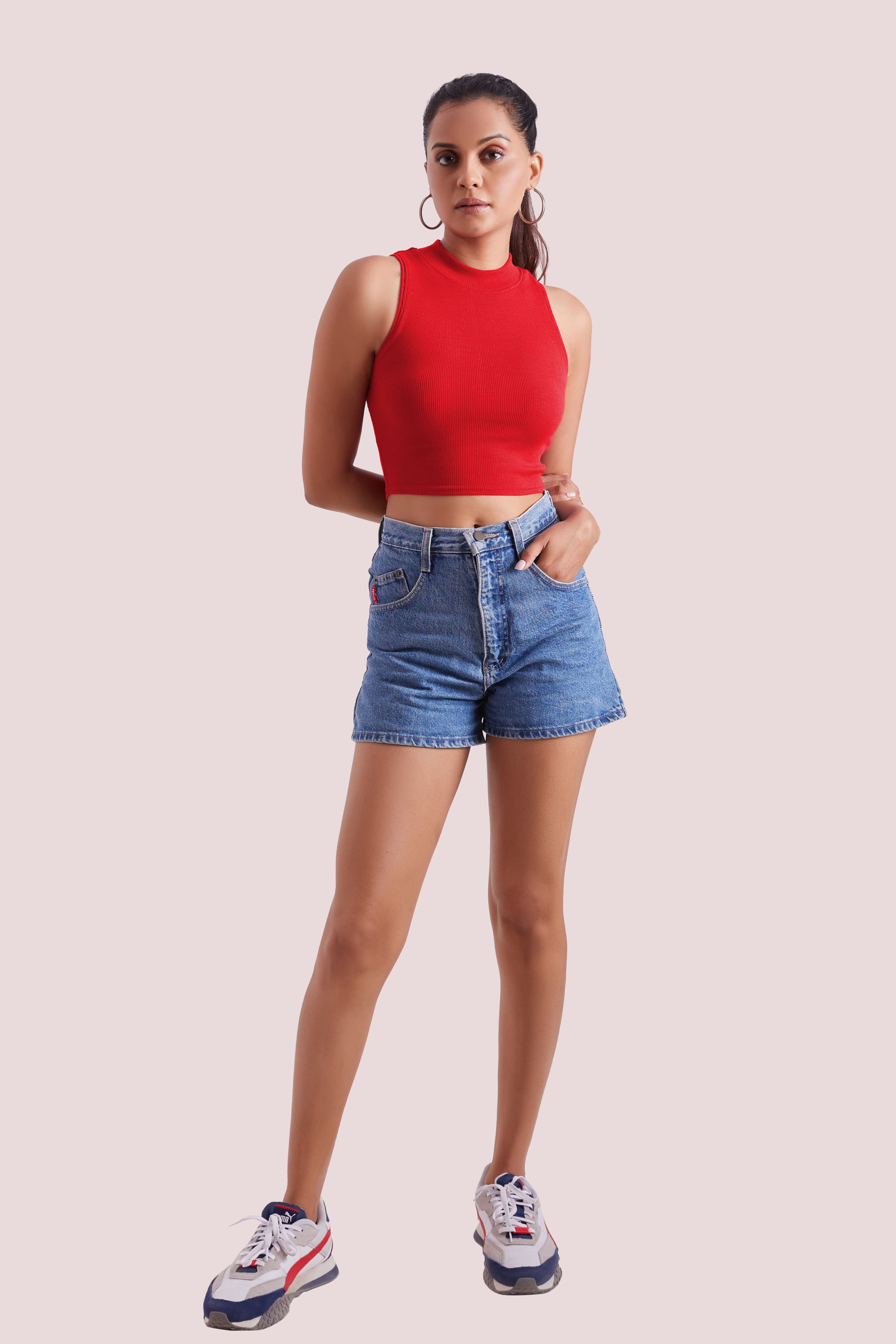 Red Ribbed High Neck Sleeveless Crop Top