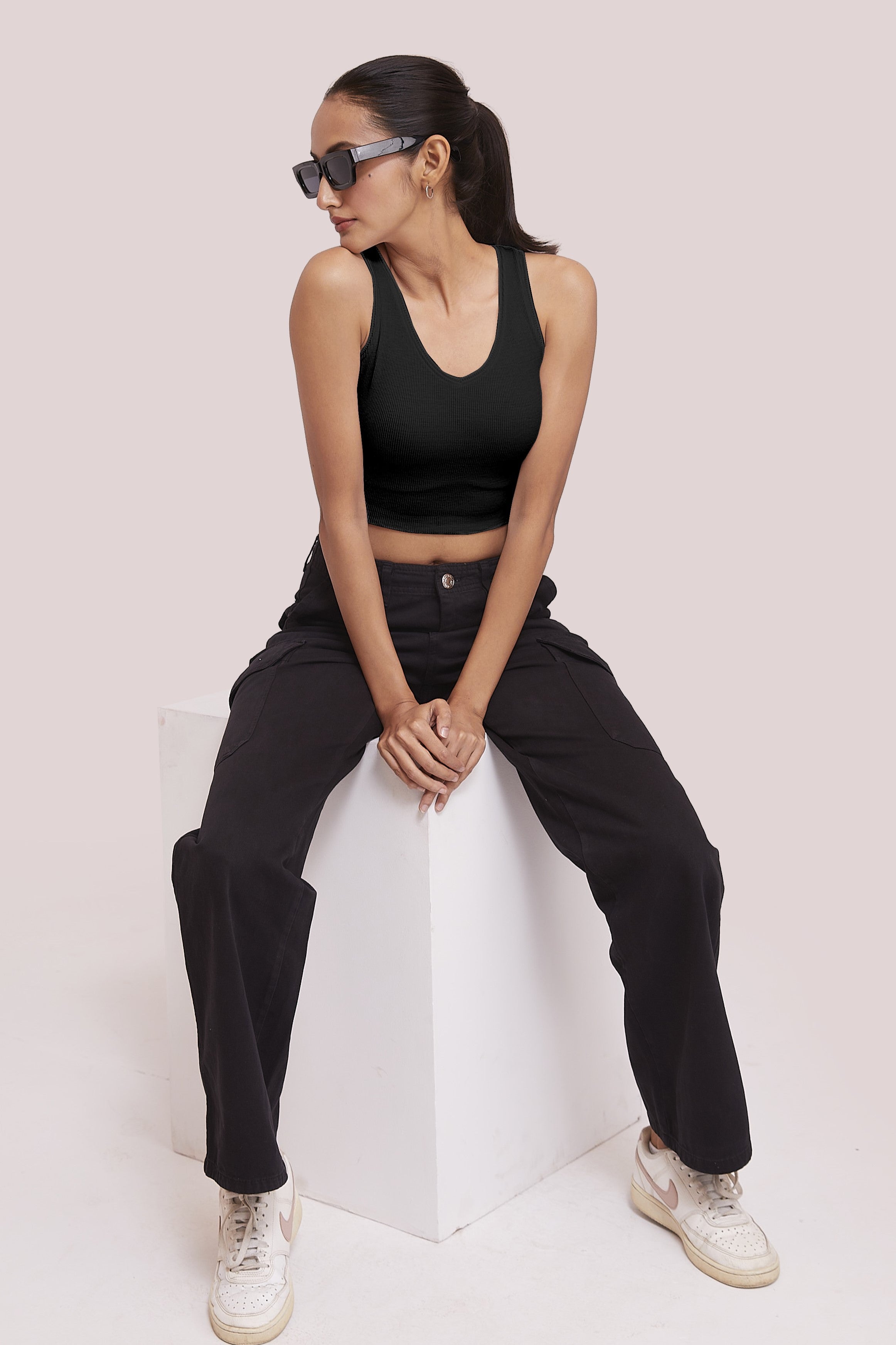 Black Ribbed Scoop Neck Sleeveless Crop Top