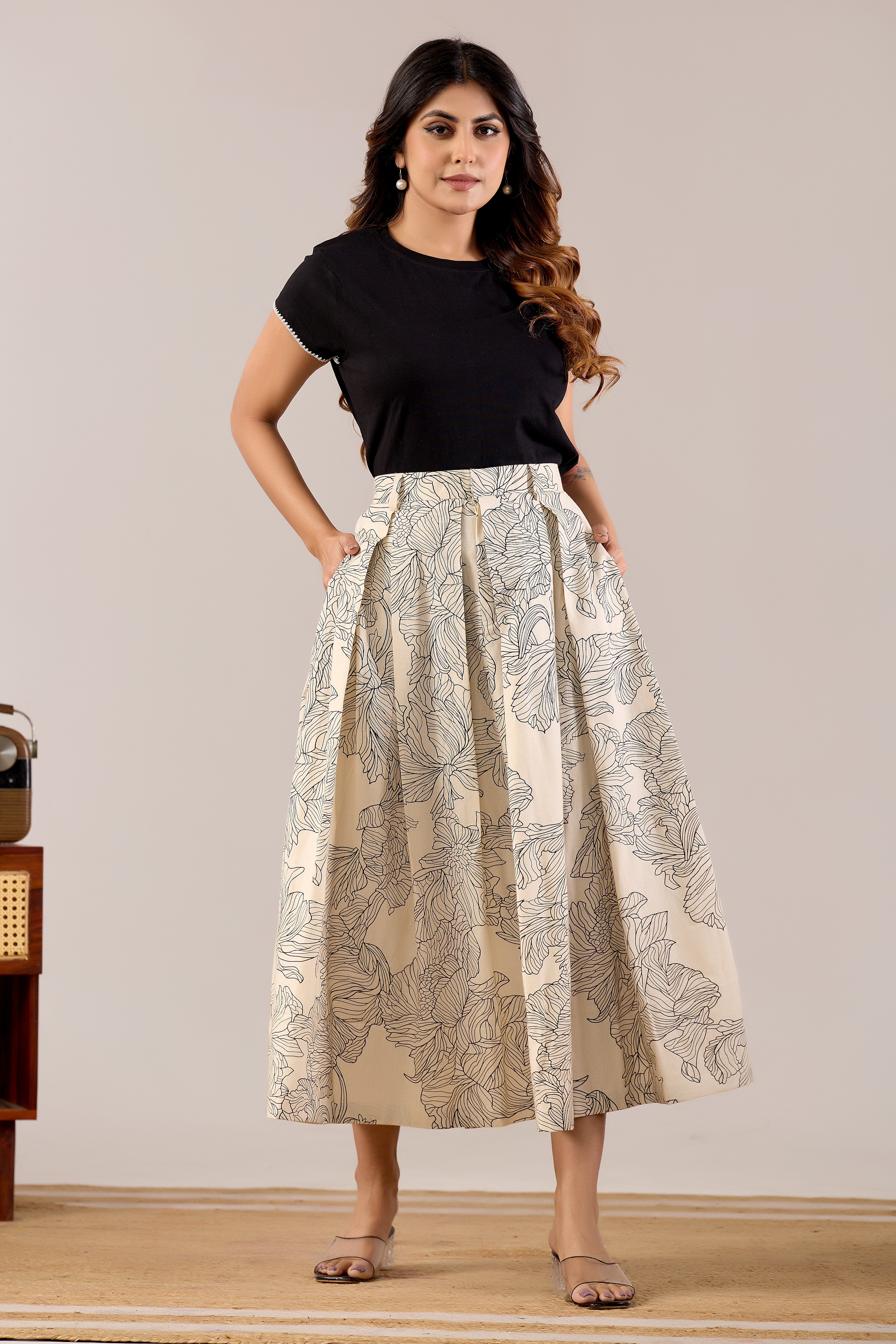 Ivory Line Art Floral Midi Skirt