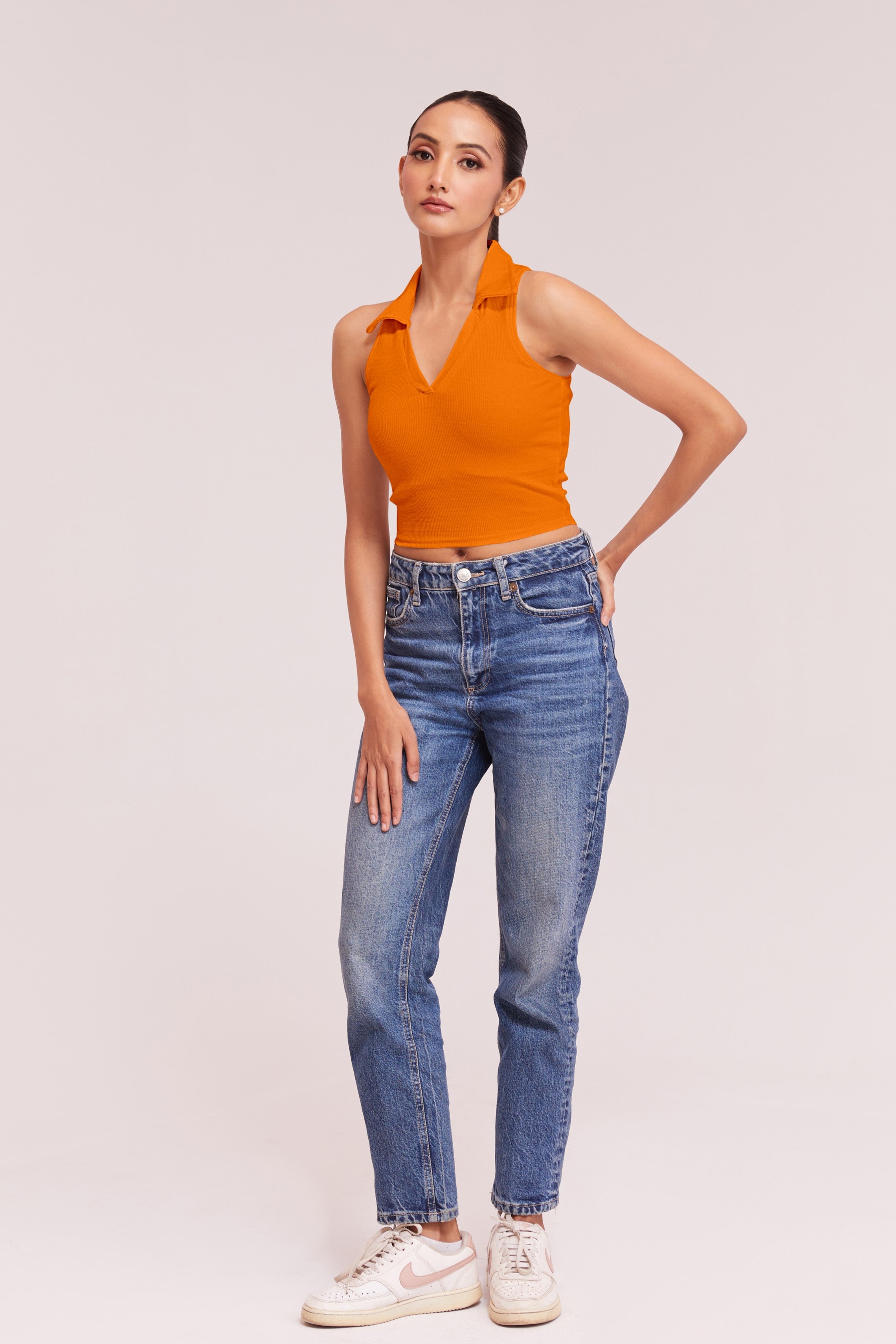 Black-Ribbed Collared Sleeveless Crop Top