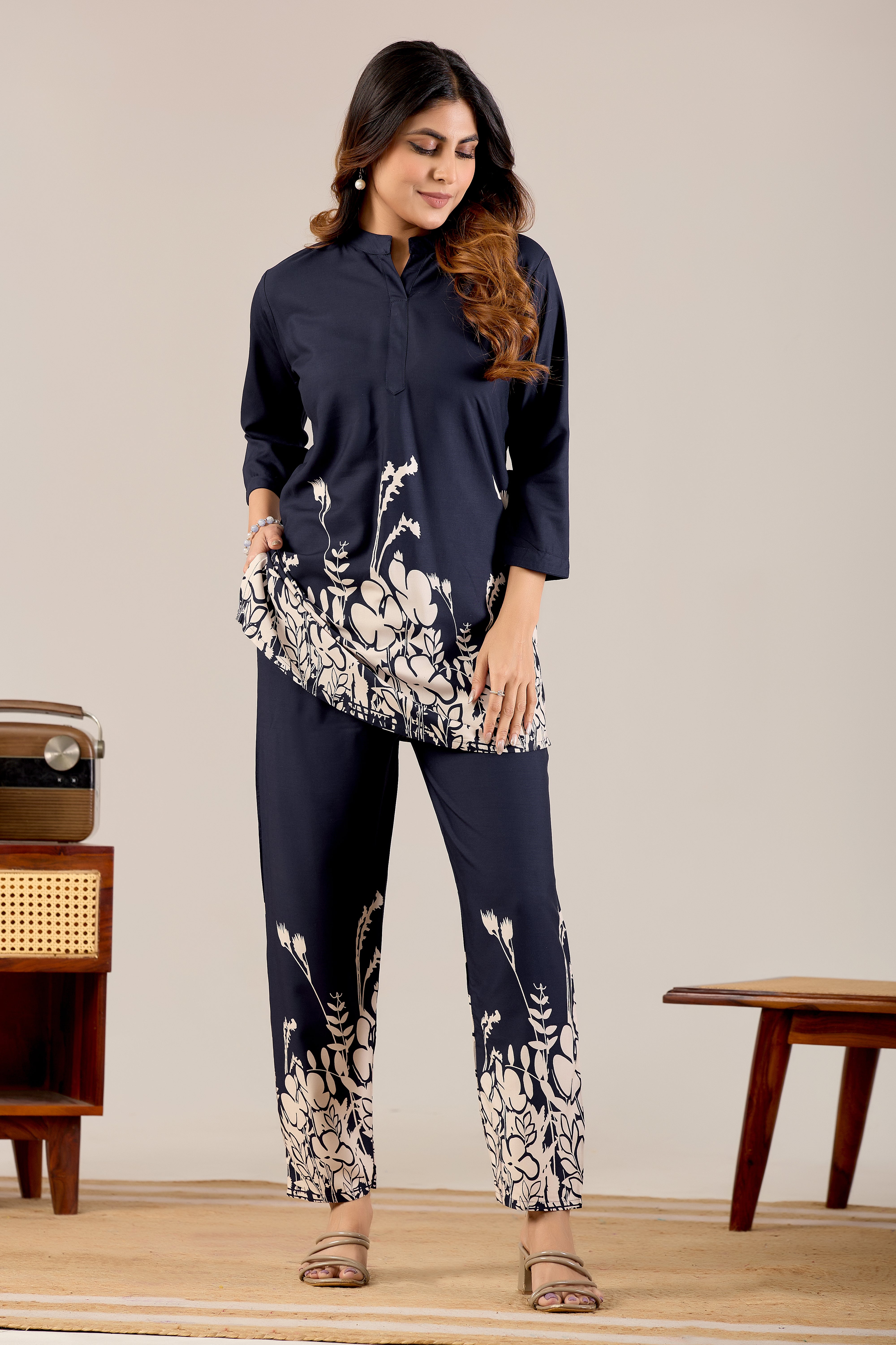 Navy Blue Floral Silhouette Co-ord Set