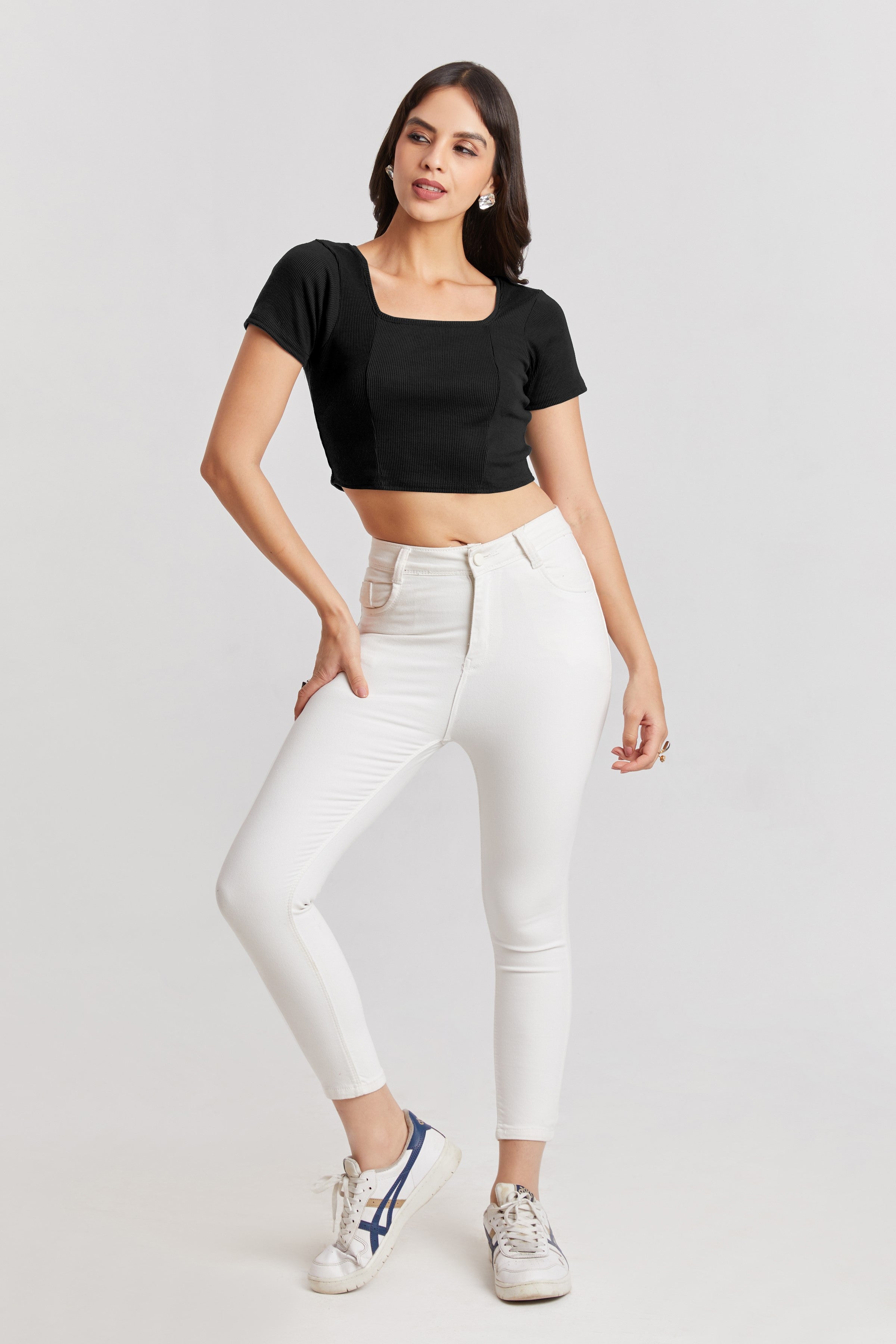 Black Ribbed Square Neck Crop Top