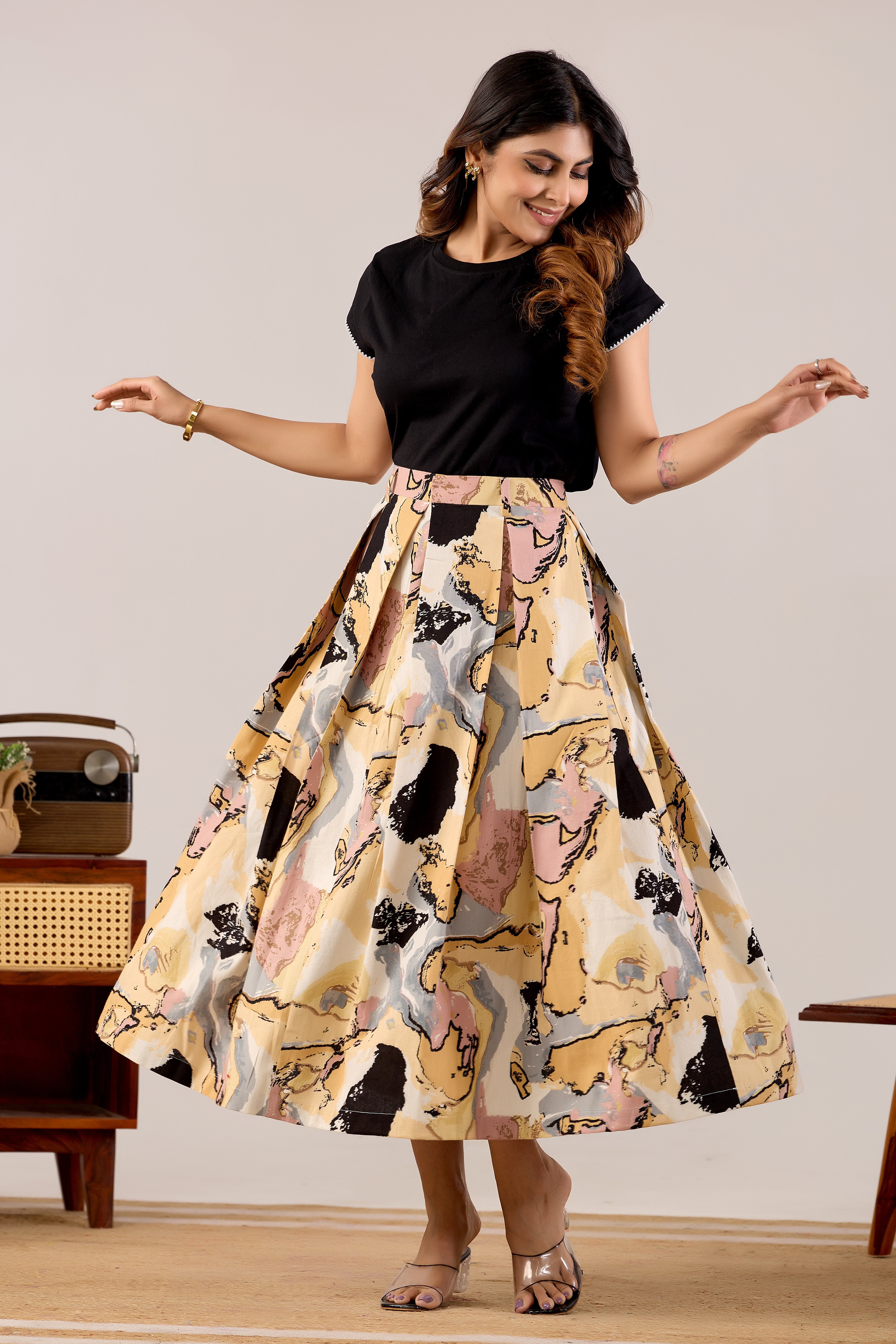 Desert Abstract Pleated Midi Skirt