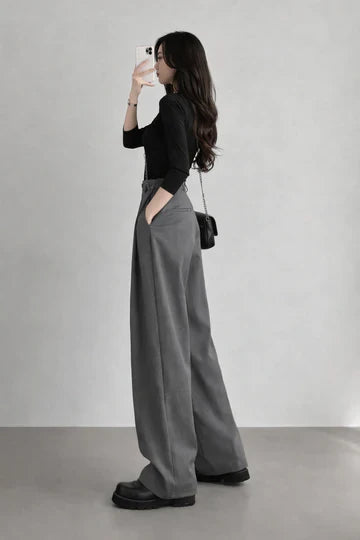 Beige High-Waist Wide Leg Trousers