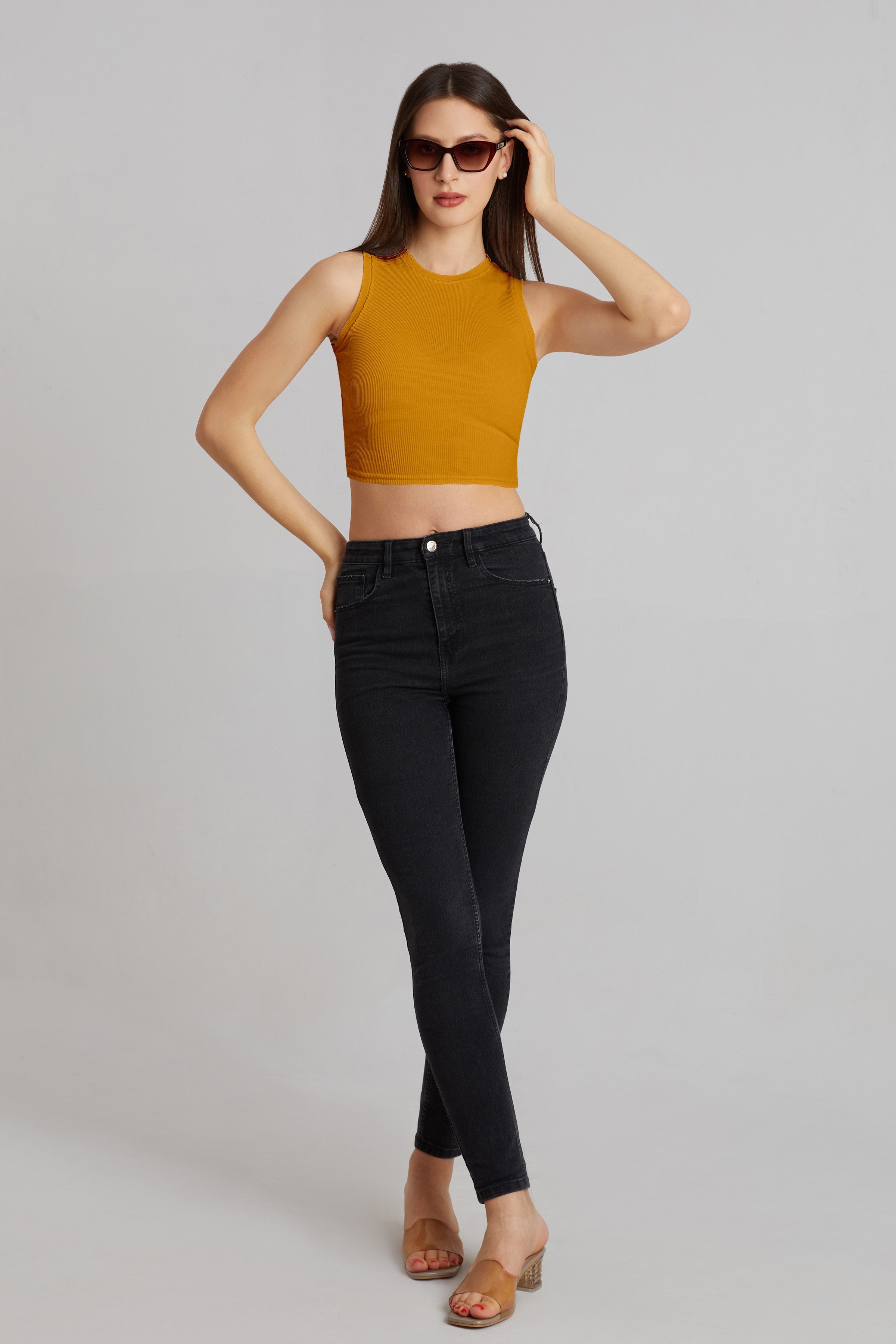 Bright Orange Ribbed Sleeveless Crop Top