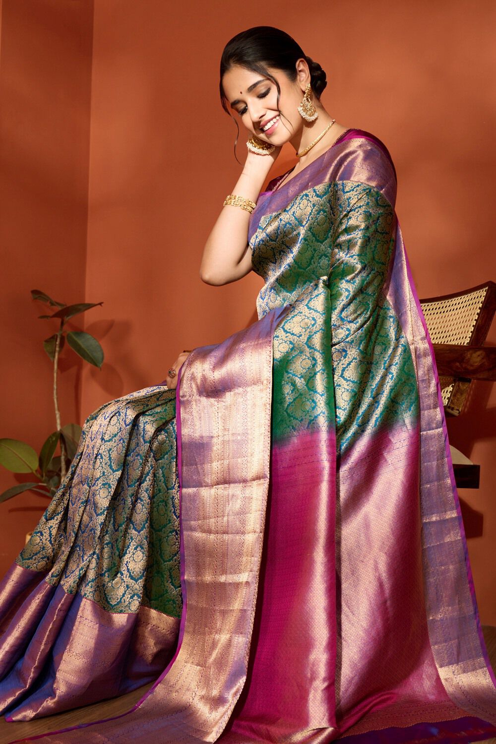 Teal Banarasi Silk Saree with Lavender Zari Pallu