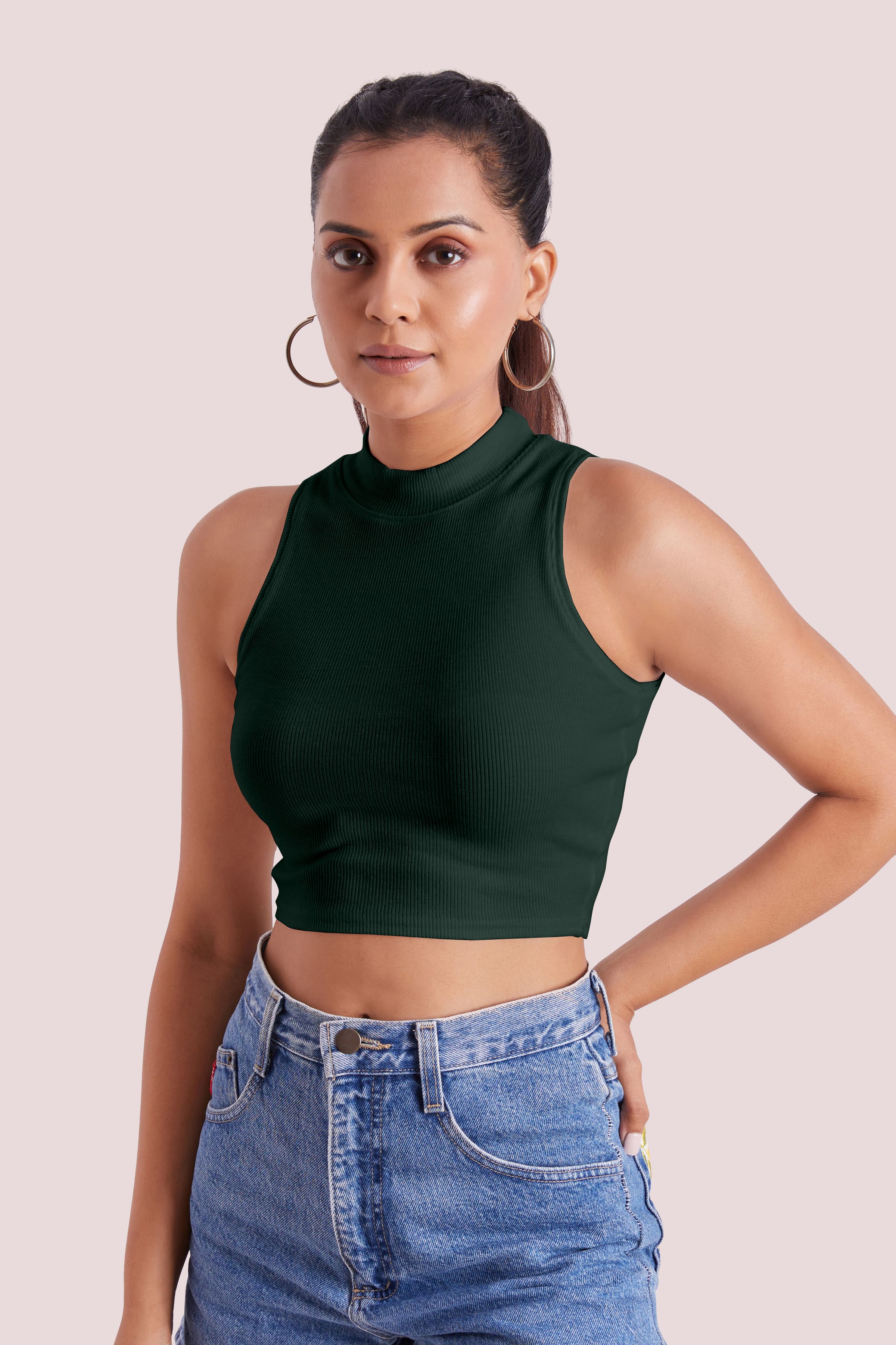 Forest Green Ribbed High Neck Sleeveless Crop Top