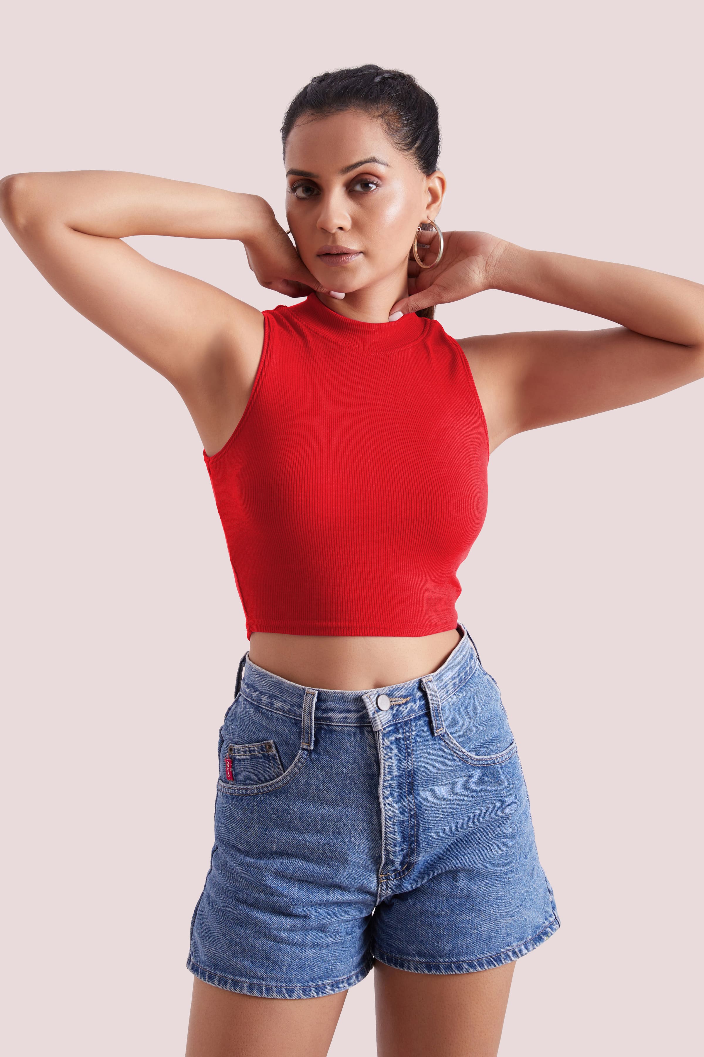 Red Ribbed High Neck Sleeveless Crop Top