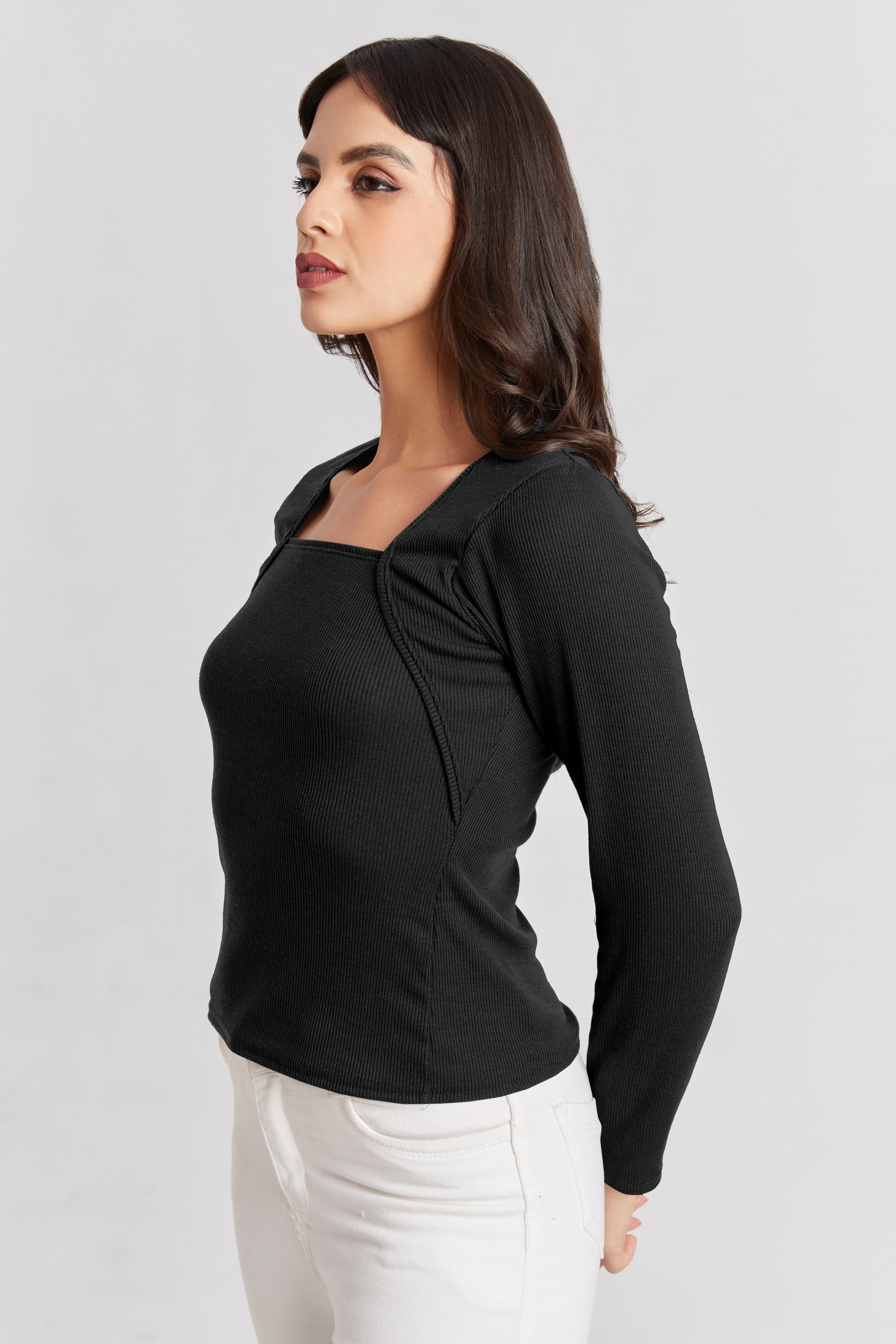Black Ribbed Square Neck Top