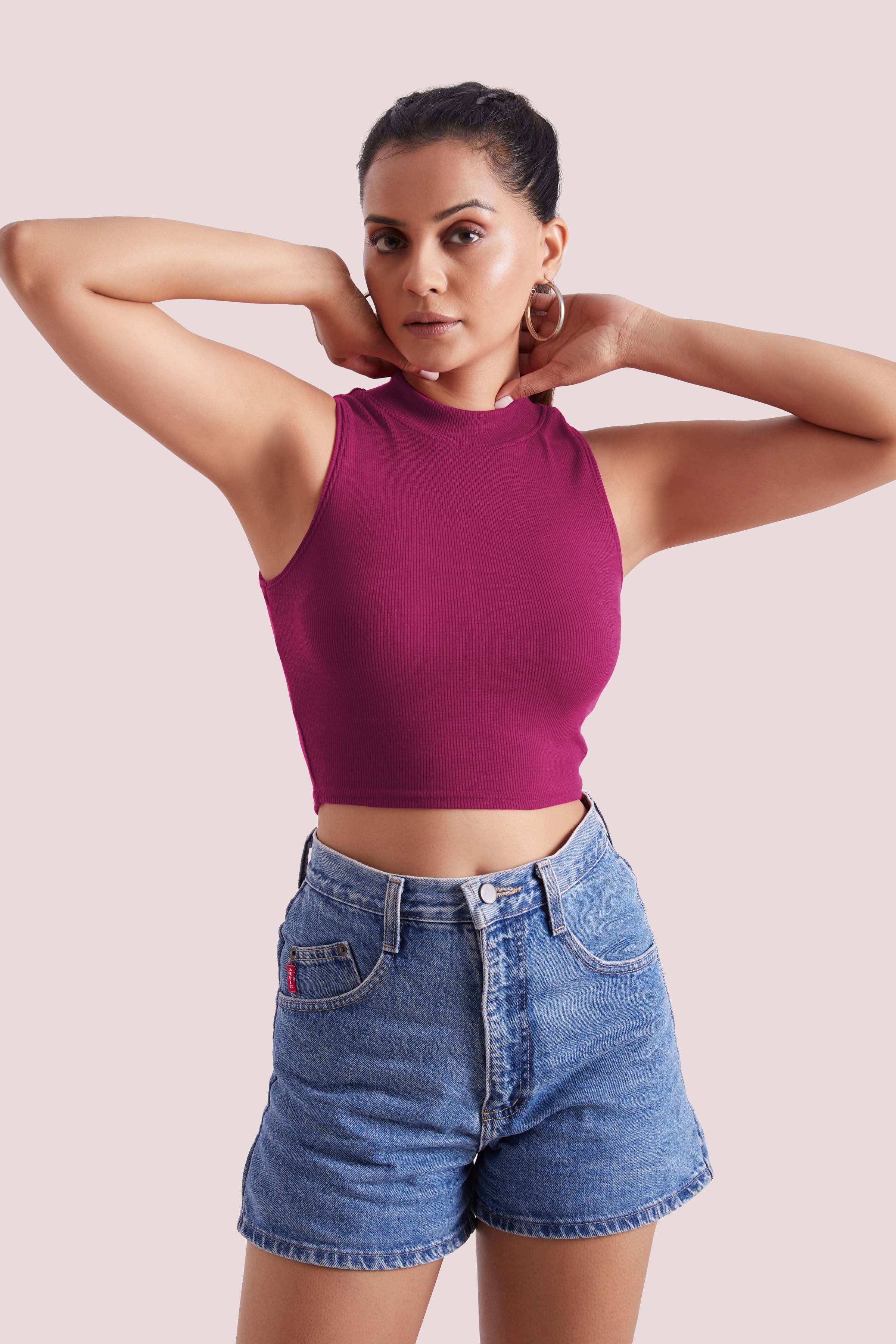 Wine Ribbed High Neck Sleeveless Crop Top