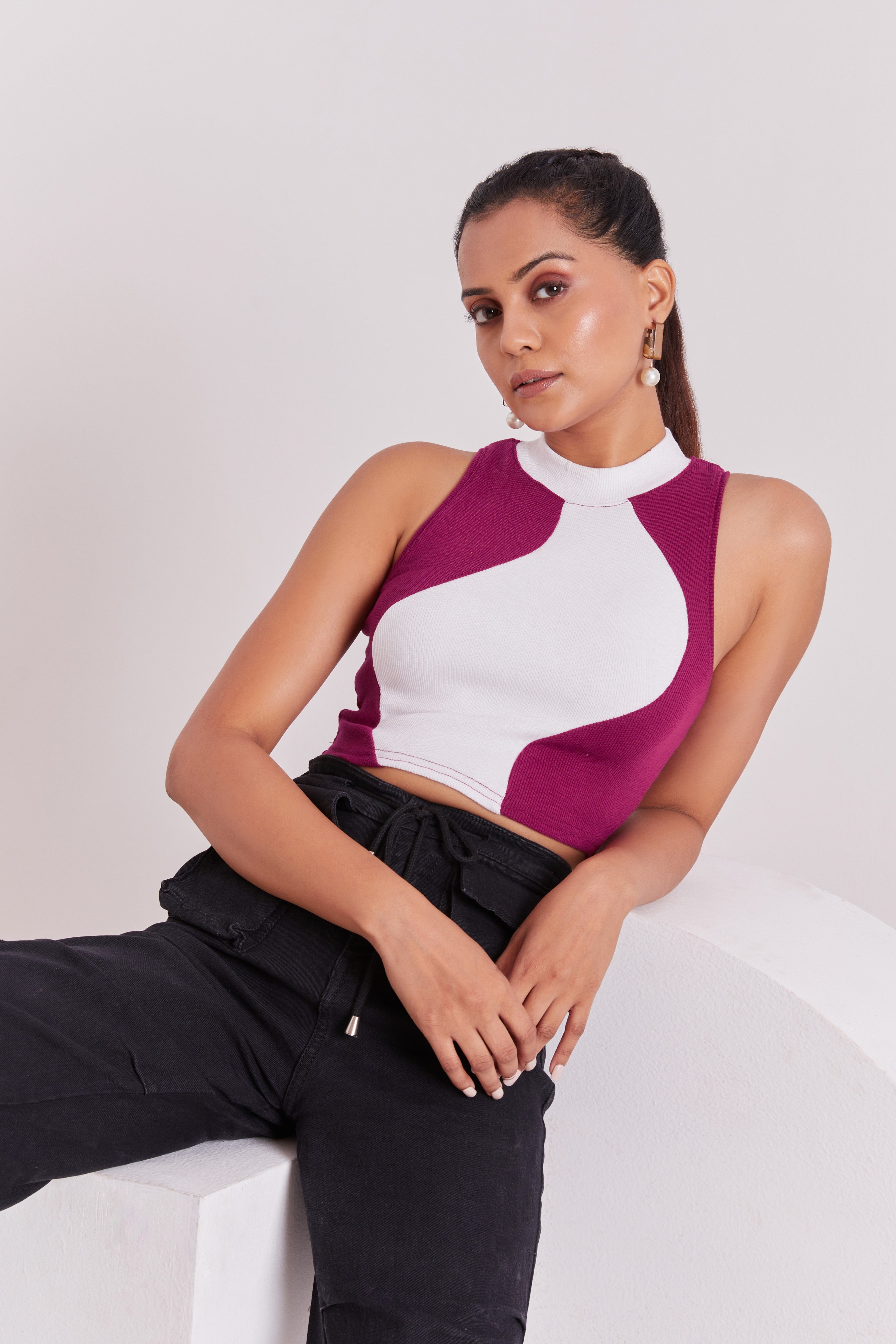 Wine & White Ribbed High Neck Sleeveless Crop Top