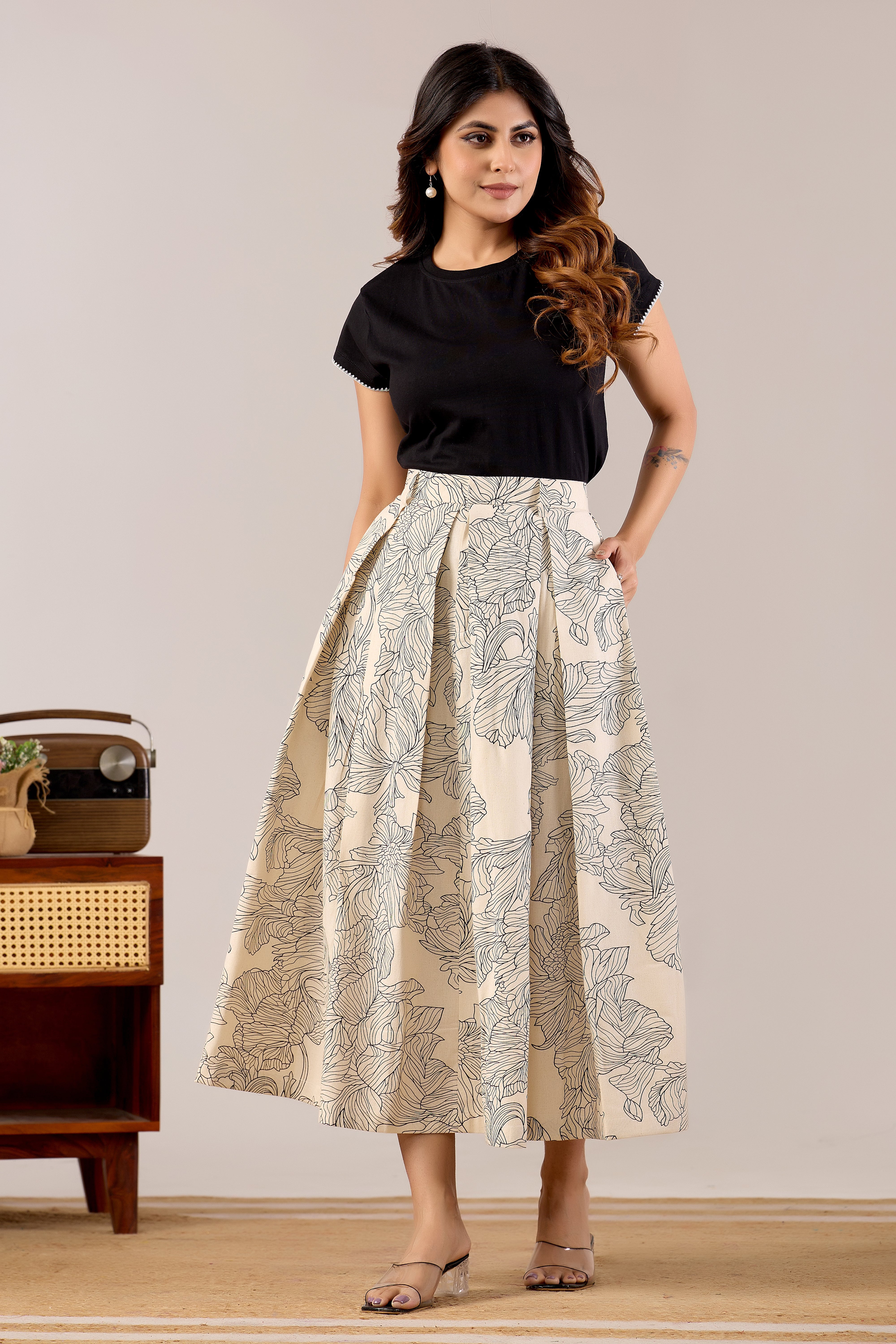 Ivory Line Art Floral Midi Skirt