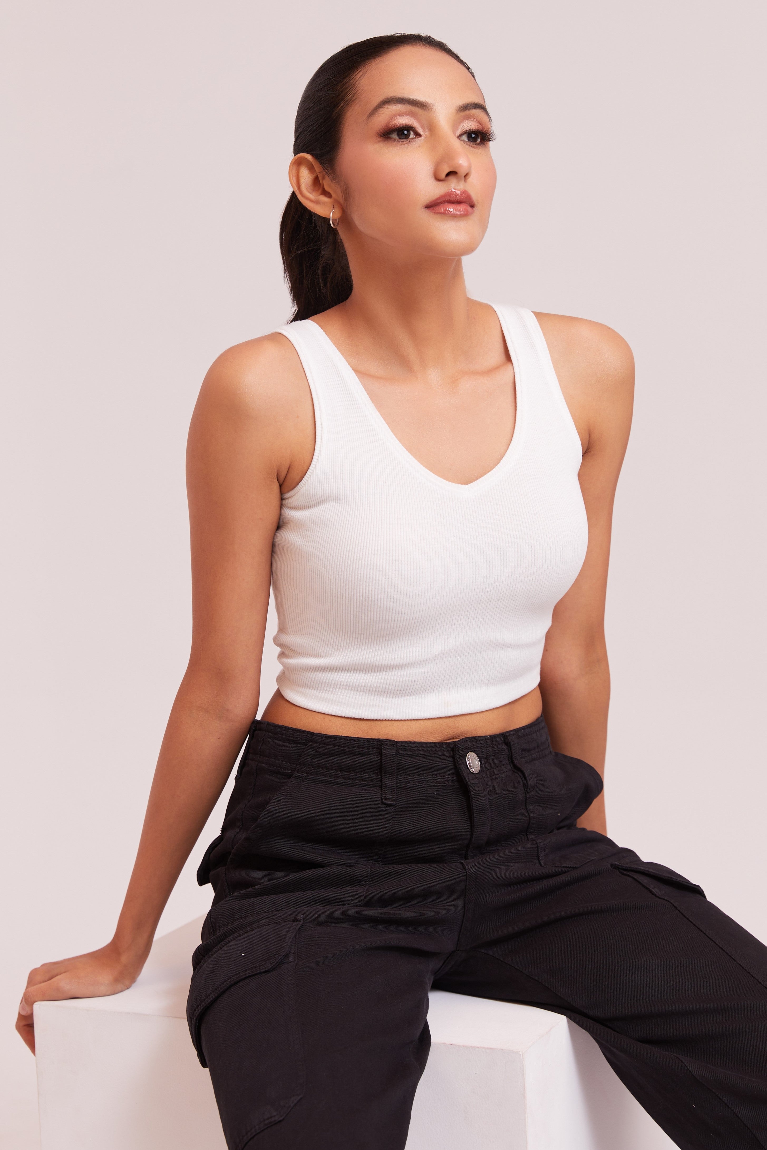 Black Ribbed Scoop Neck Sleeveless Crop Top