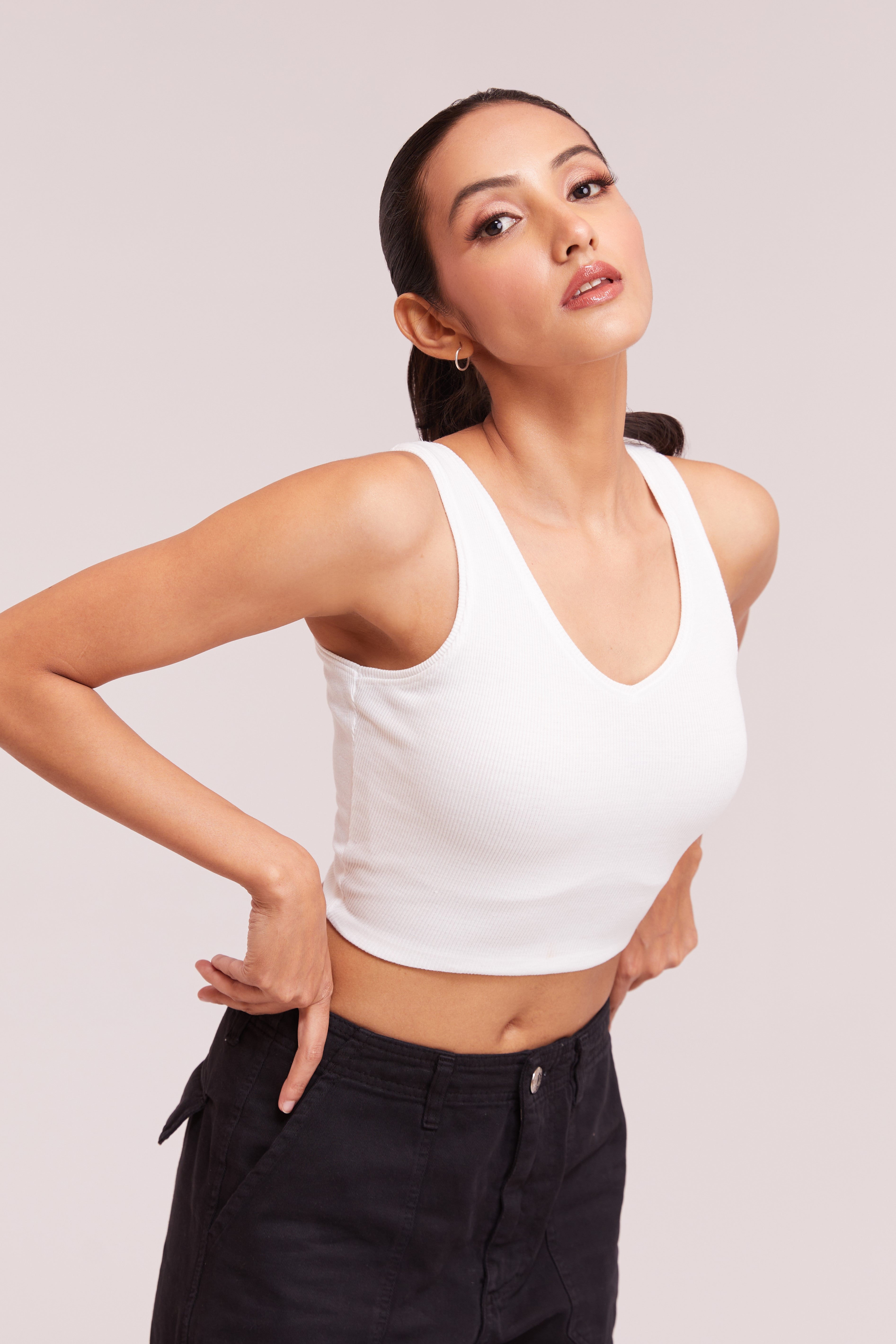 White Ribbed Scoop Neck Sleeveless Crop Top