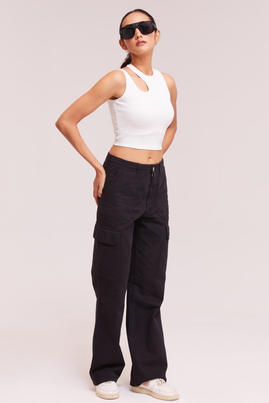 Black-Ribbed Sleeveless Cut-Out Tank Top