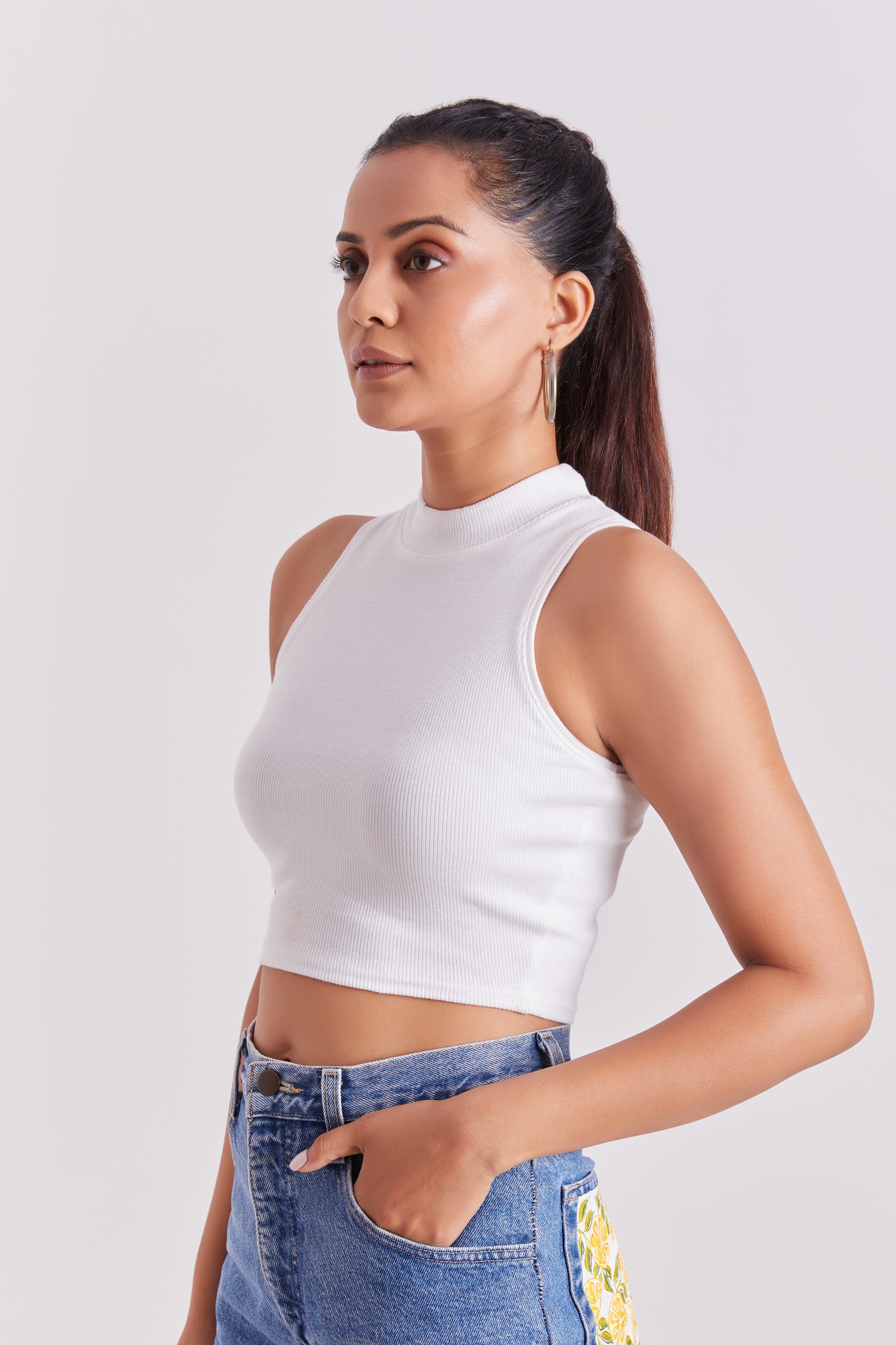 White Ribbed High Neck Sleeveless Crop Top