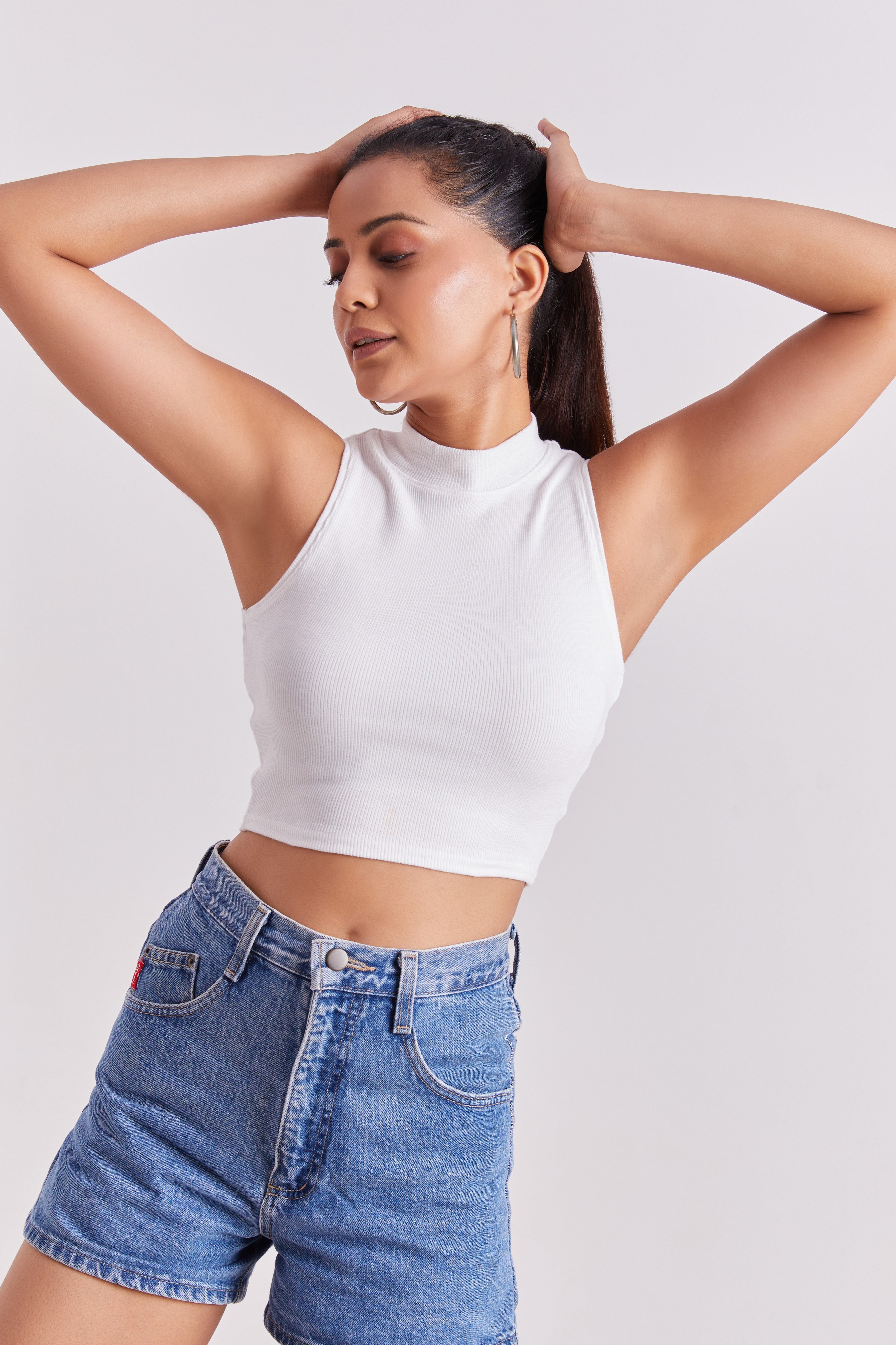 White Ribbed High Neck Sleeveless Crop Top