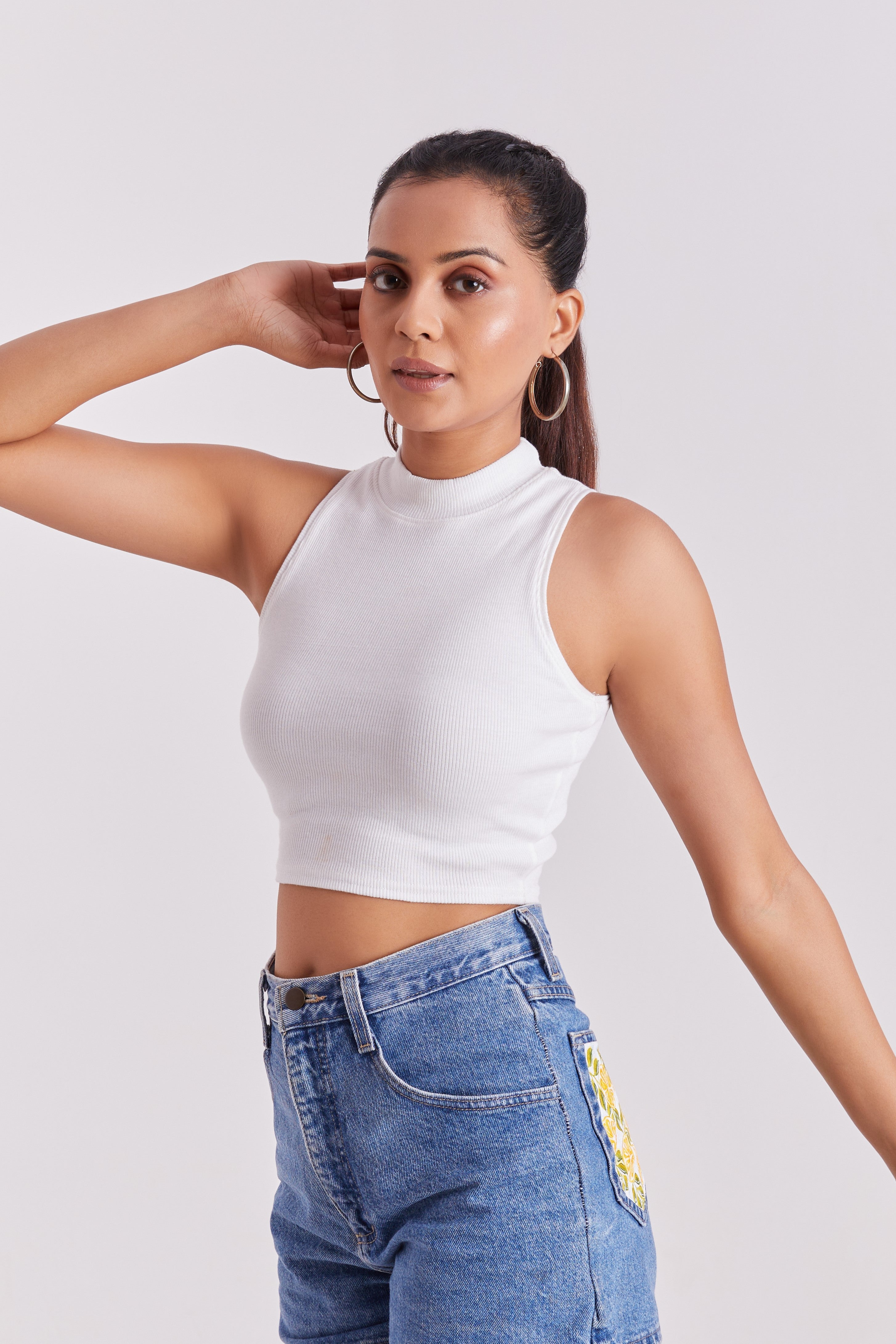 White Ribbed High Neck Sleeveless Crop Top