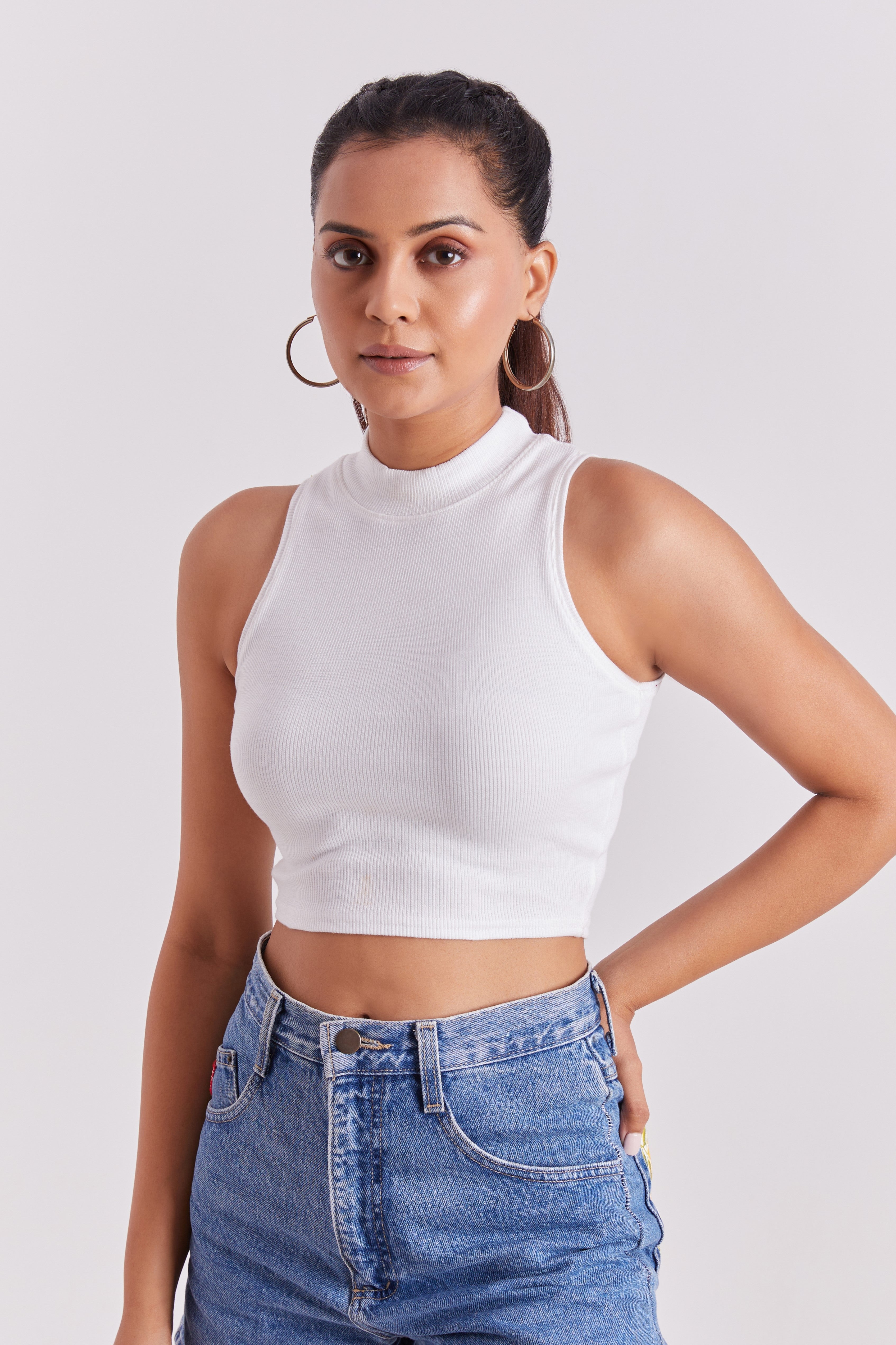 White Ribbed High Neck Sleeveless Crop Top
