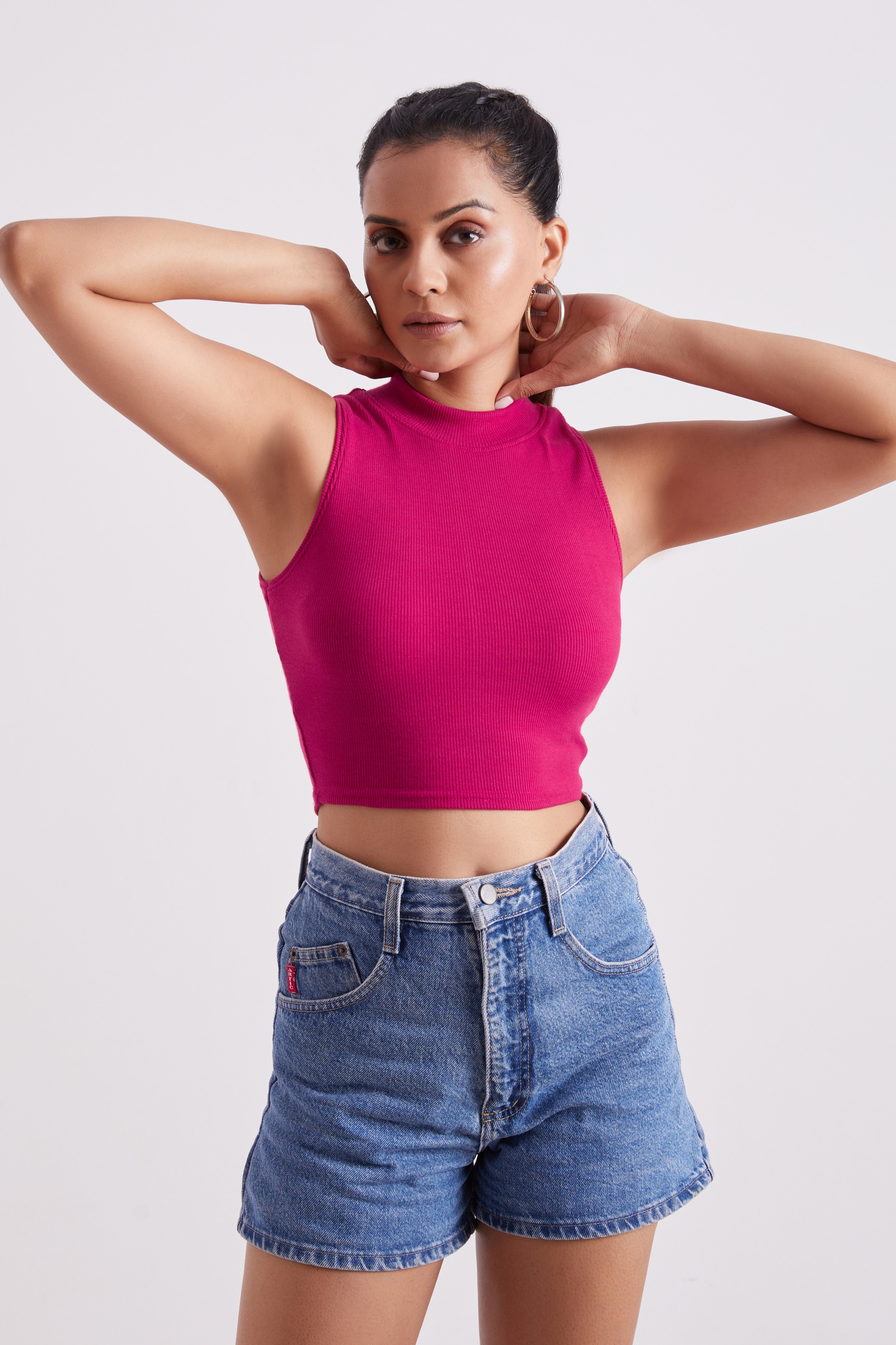 Pink Ribbed High Neck Sleeveless Crop Top