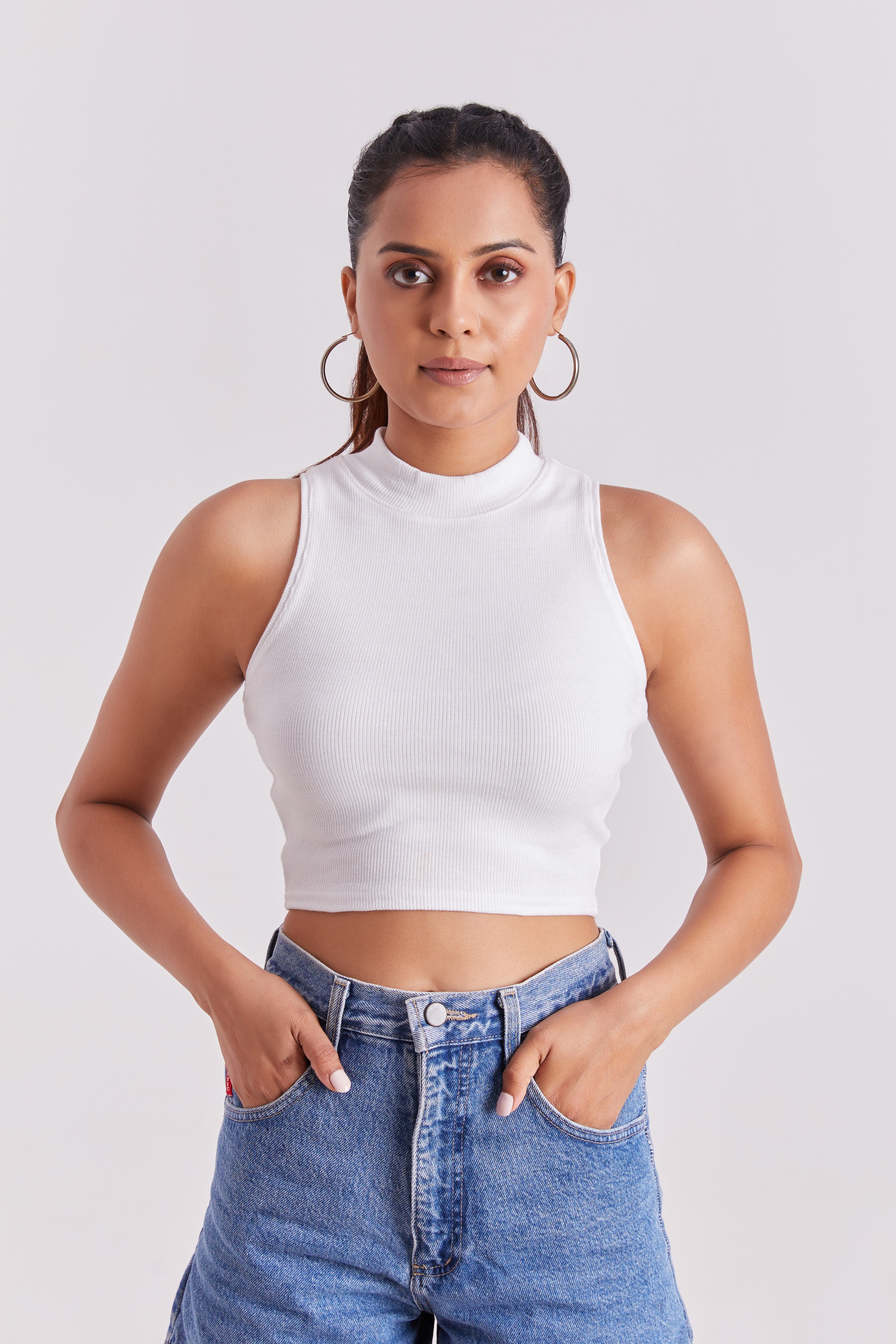 Forest Green Ribbed High Neck Sleeveless Crop Top