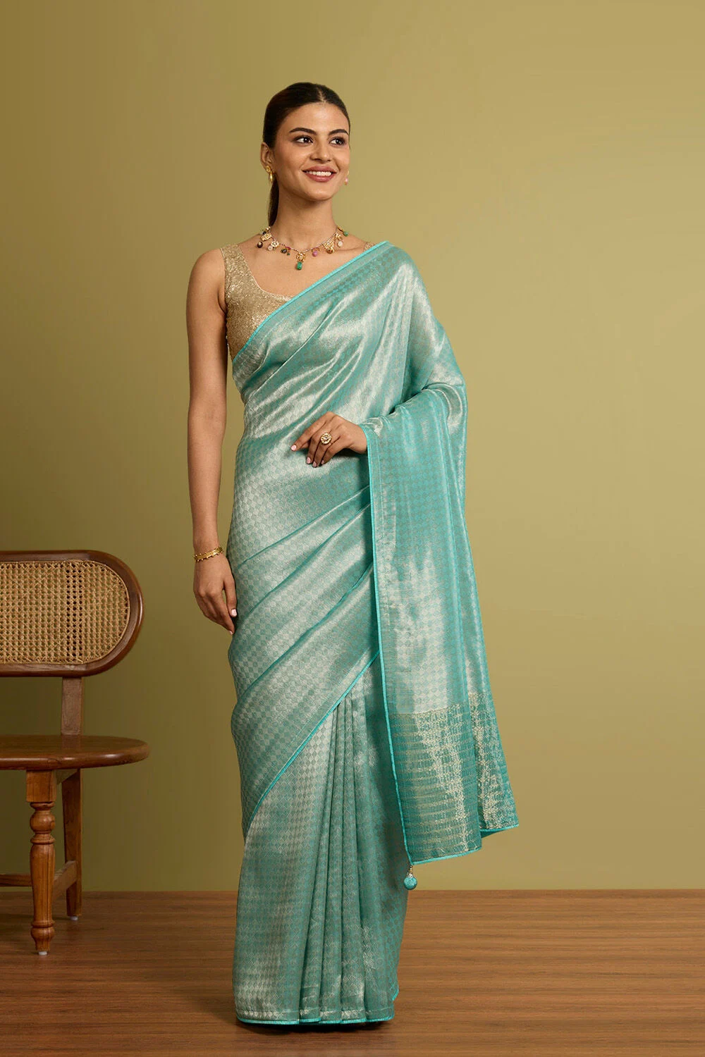 Gold & Blue Designer Silk Saree