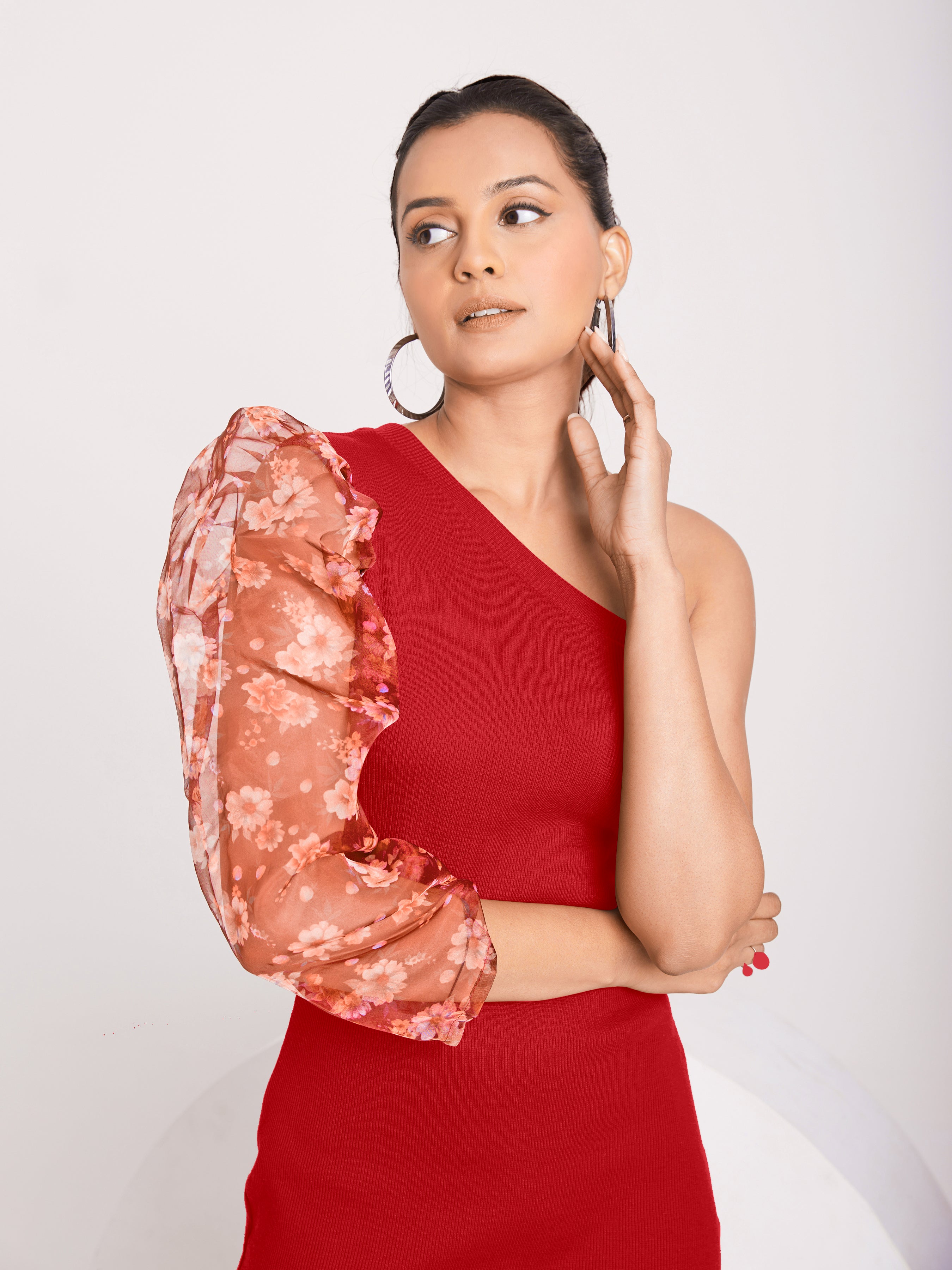 Black One-Shoulder Floral Puff Sleeve Bodycon Dress