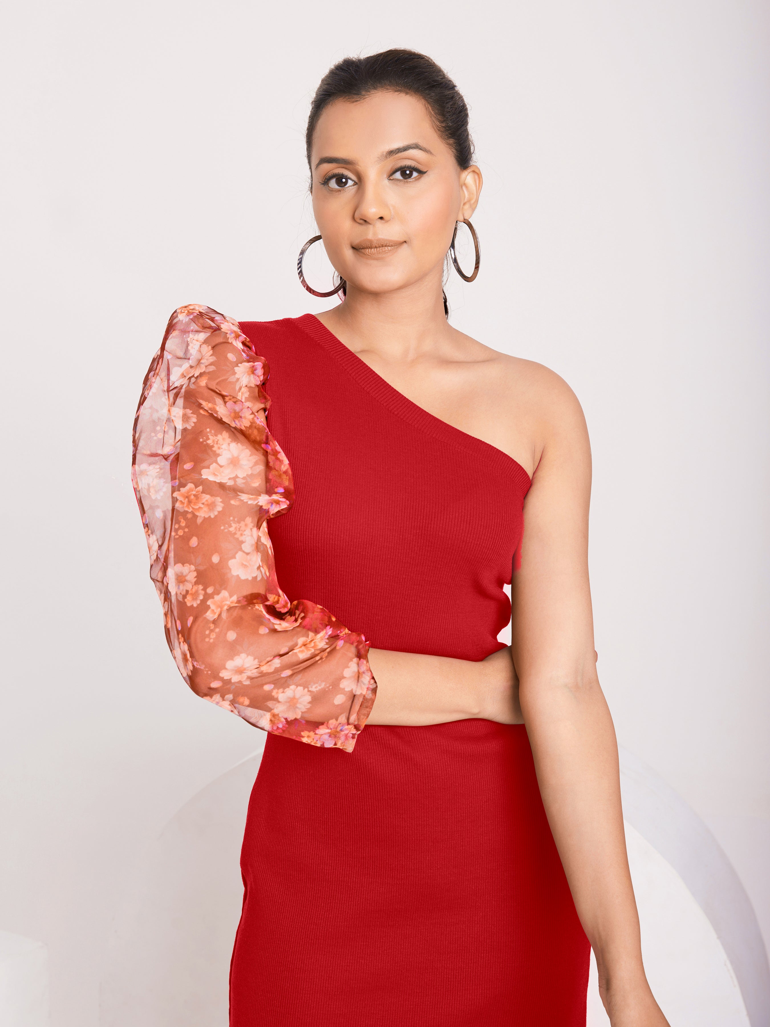 Black One-Shoulder Floral Puff Sleeve Bodycon Dress