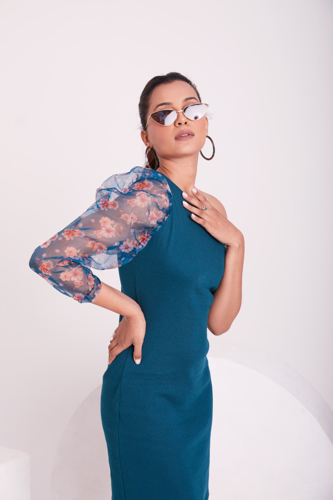 Teal Green One-Shoulder Puff Sleeve Dress
