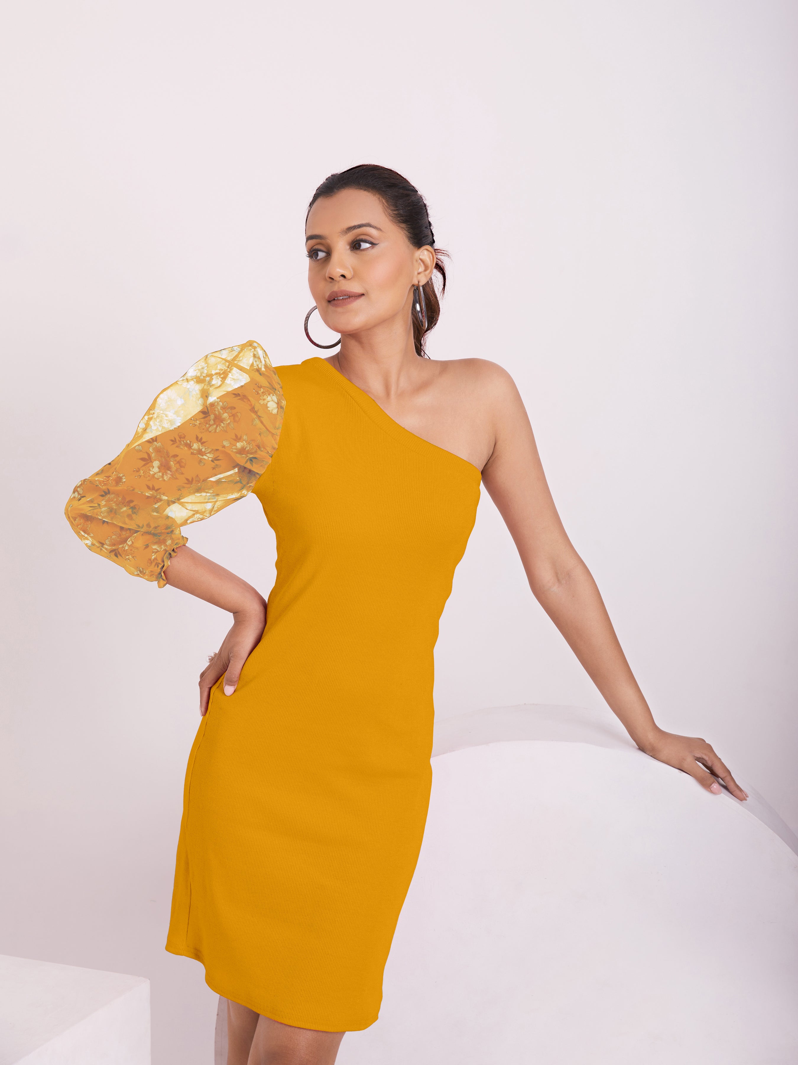 Mustard Yellow One-Shoulder Floral Sleeve Dress
