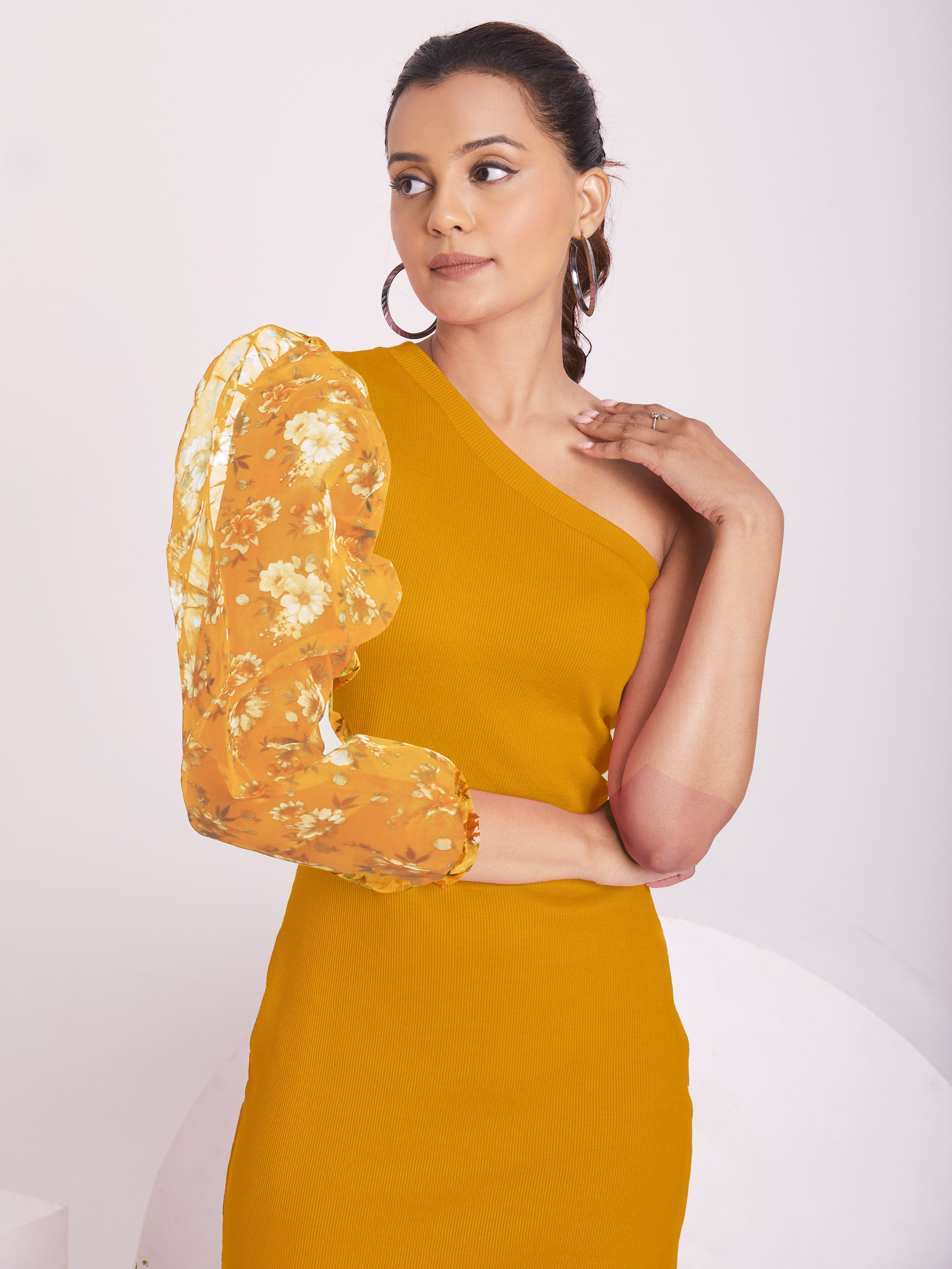 Mustard Yellow One-Shoulder Floral Sleeve Dress