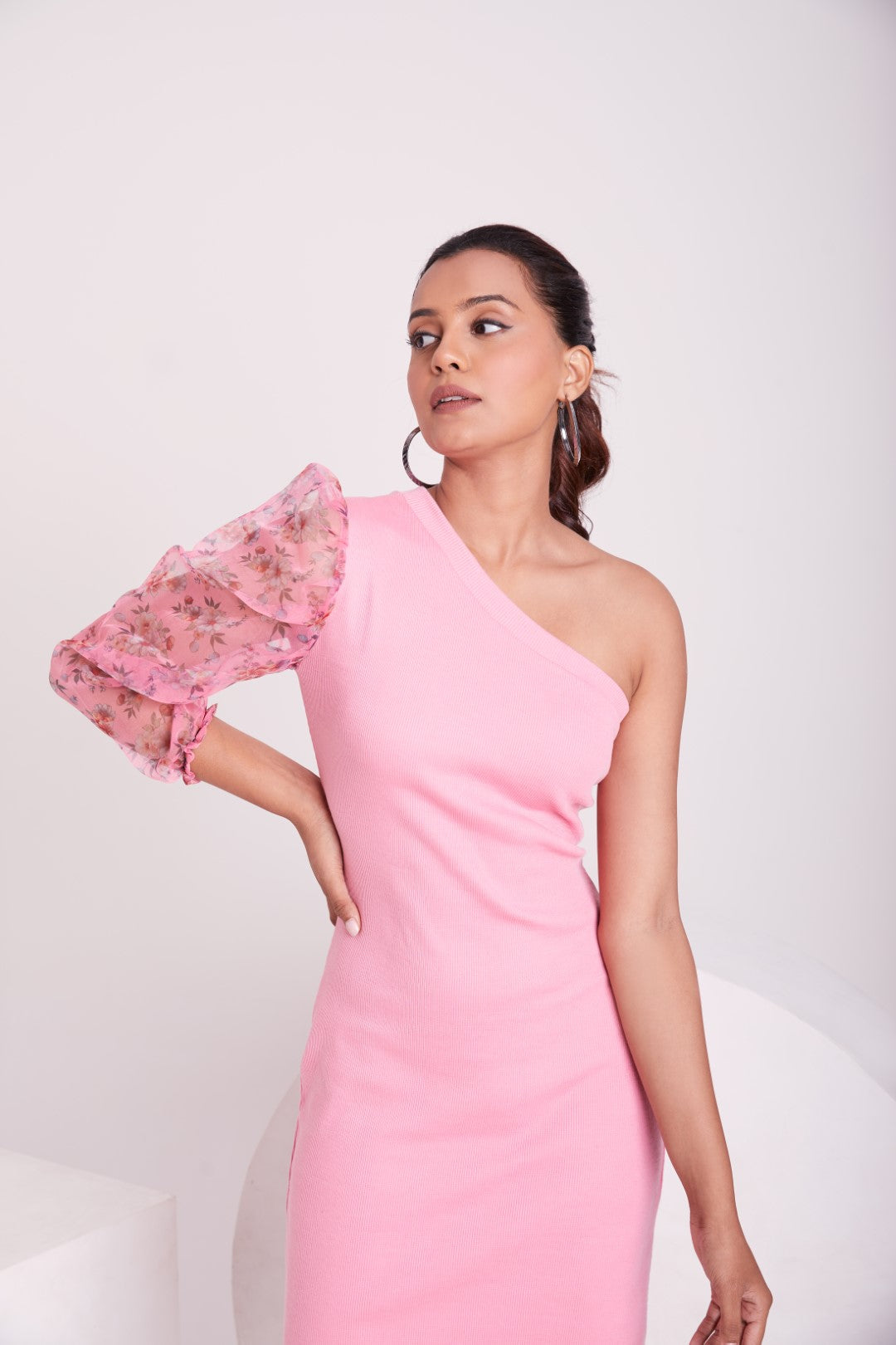 Blush Pink One-Shoulder Floral Sleeve Dress