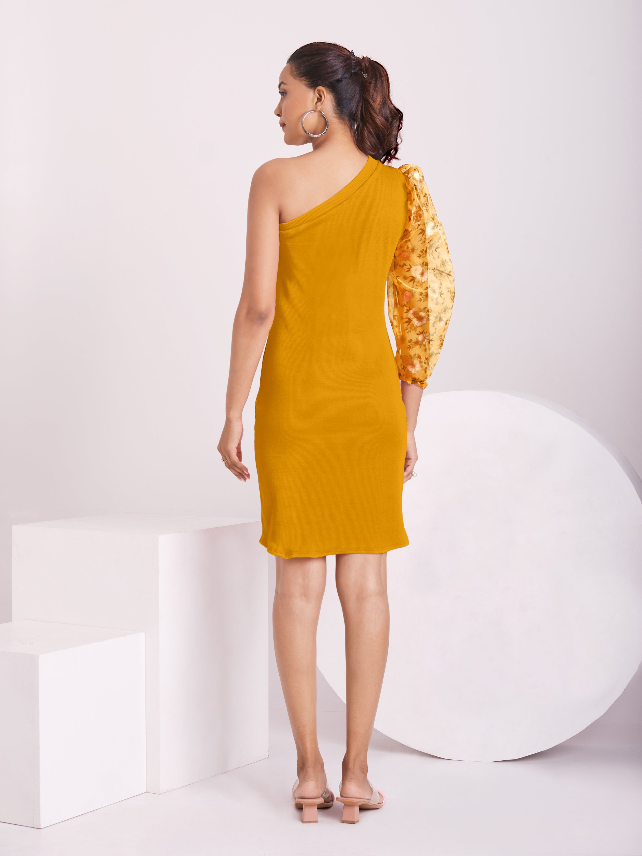 Mustard Yellow One-Shoulder Floral Sleeve Dress