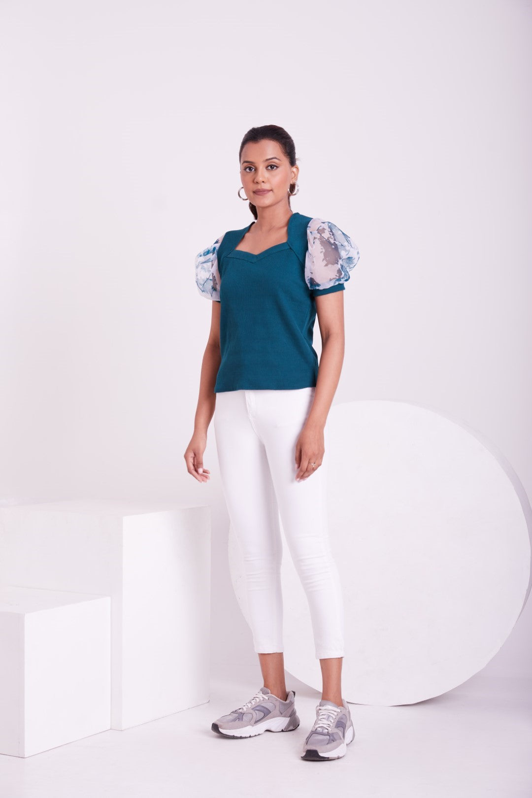 Floral Organza Puff Sleeve Ribbed Top – Sweetheart Neck Women’s Casual Top