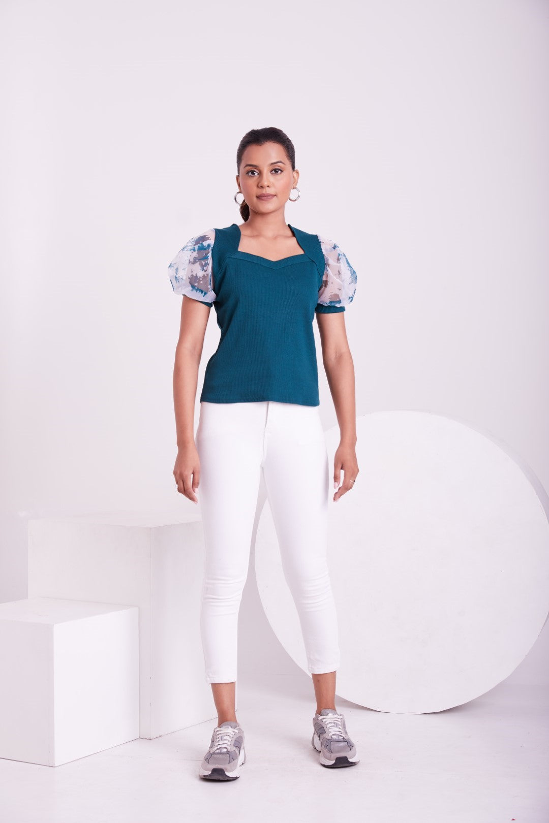 Floral Organza Puff Sleeve Ribbed Top – Sweetheart Neck Women’s Casual Top
