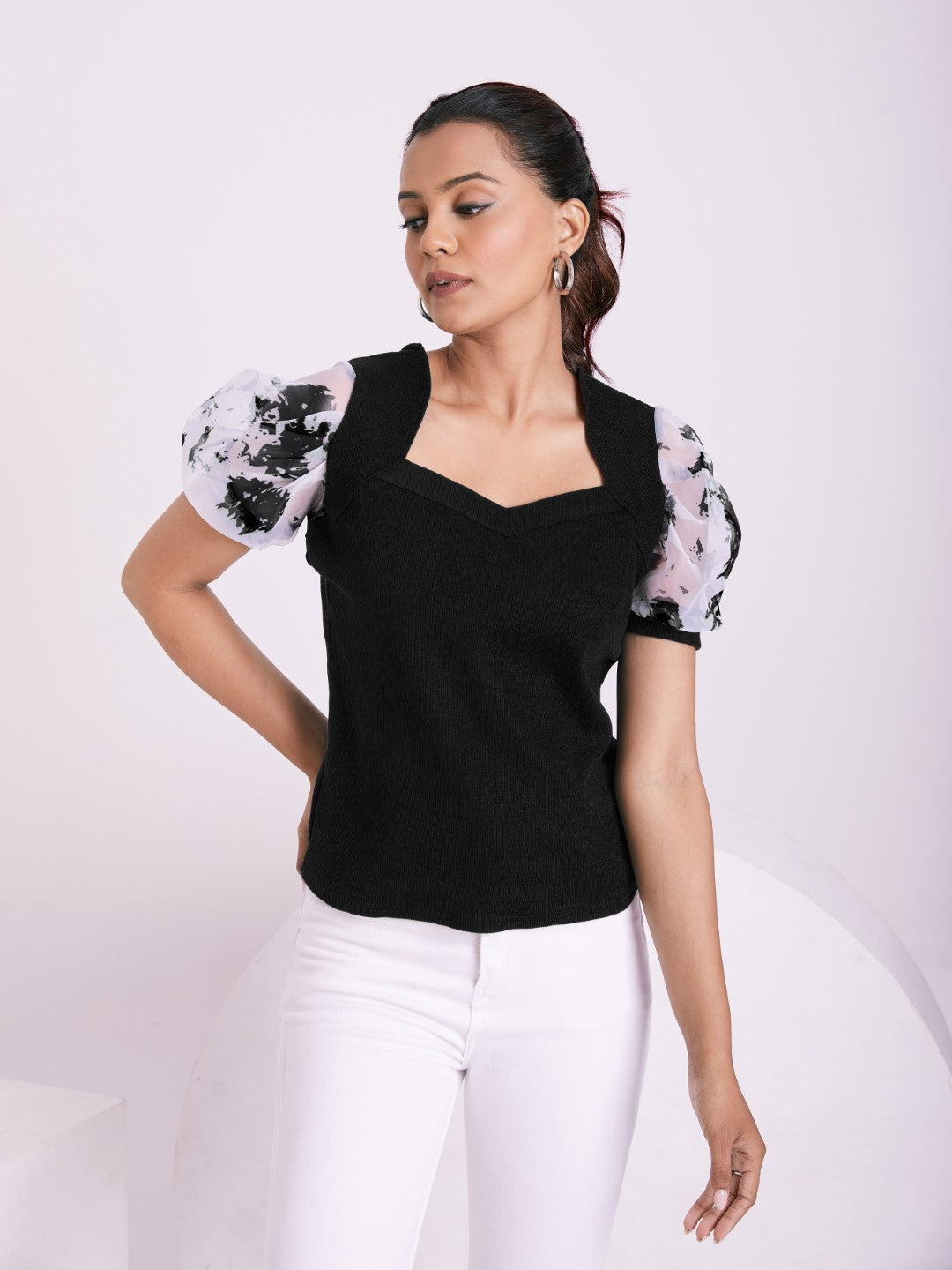 Floral Organza Puff Sleeve Ribbed Top – Sweetheart Neck Women’s Casual Top