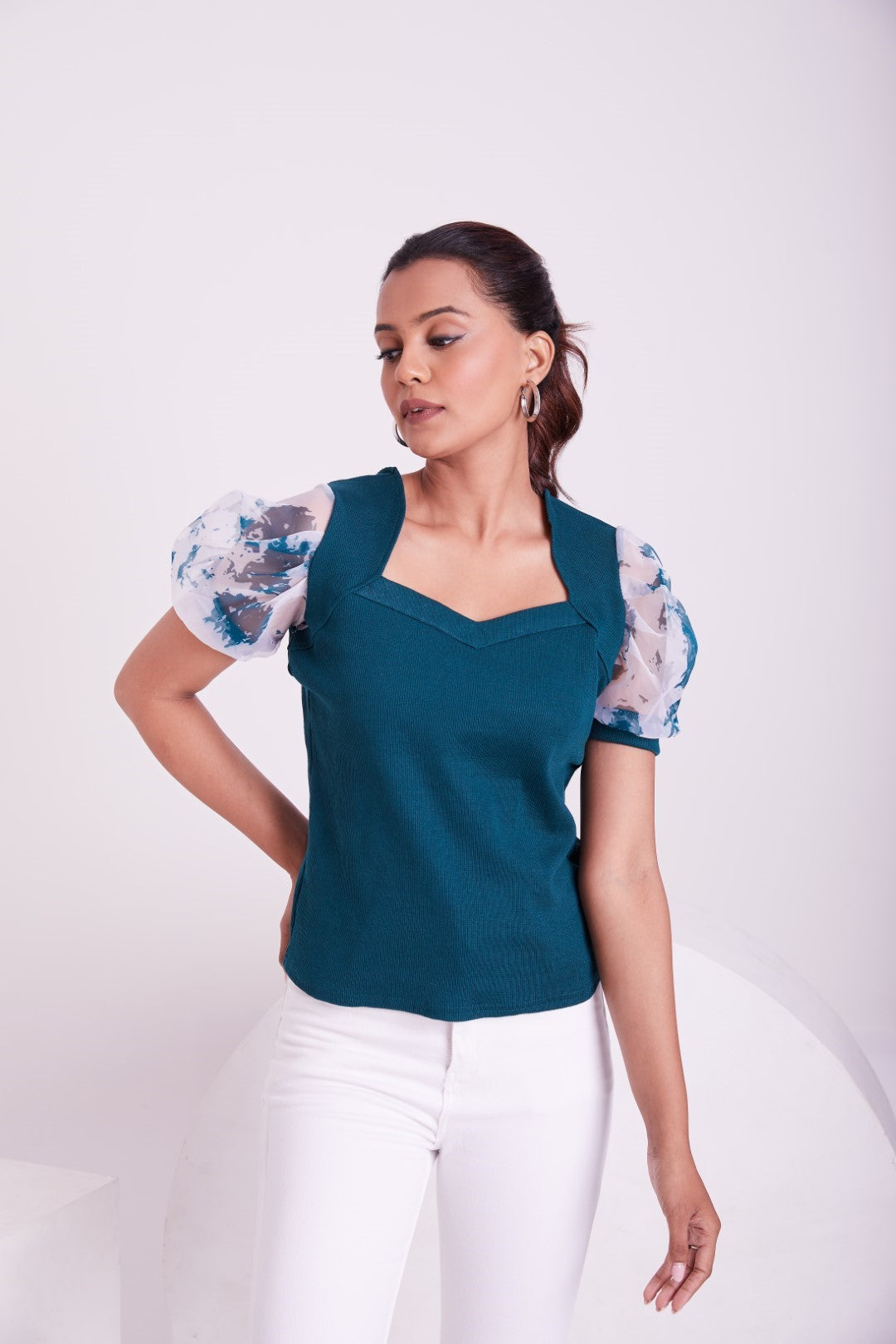 Floral Organza Puff Sleeve Ribbed Top – Sweetheart Neck Women’s Casual Top
